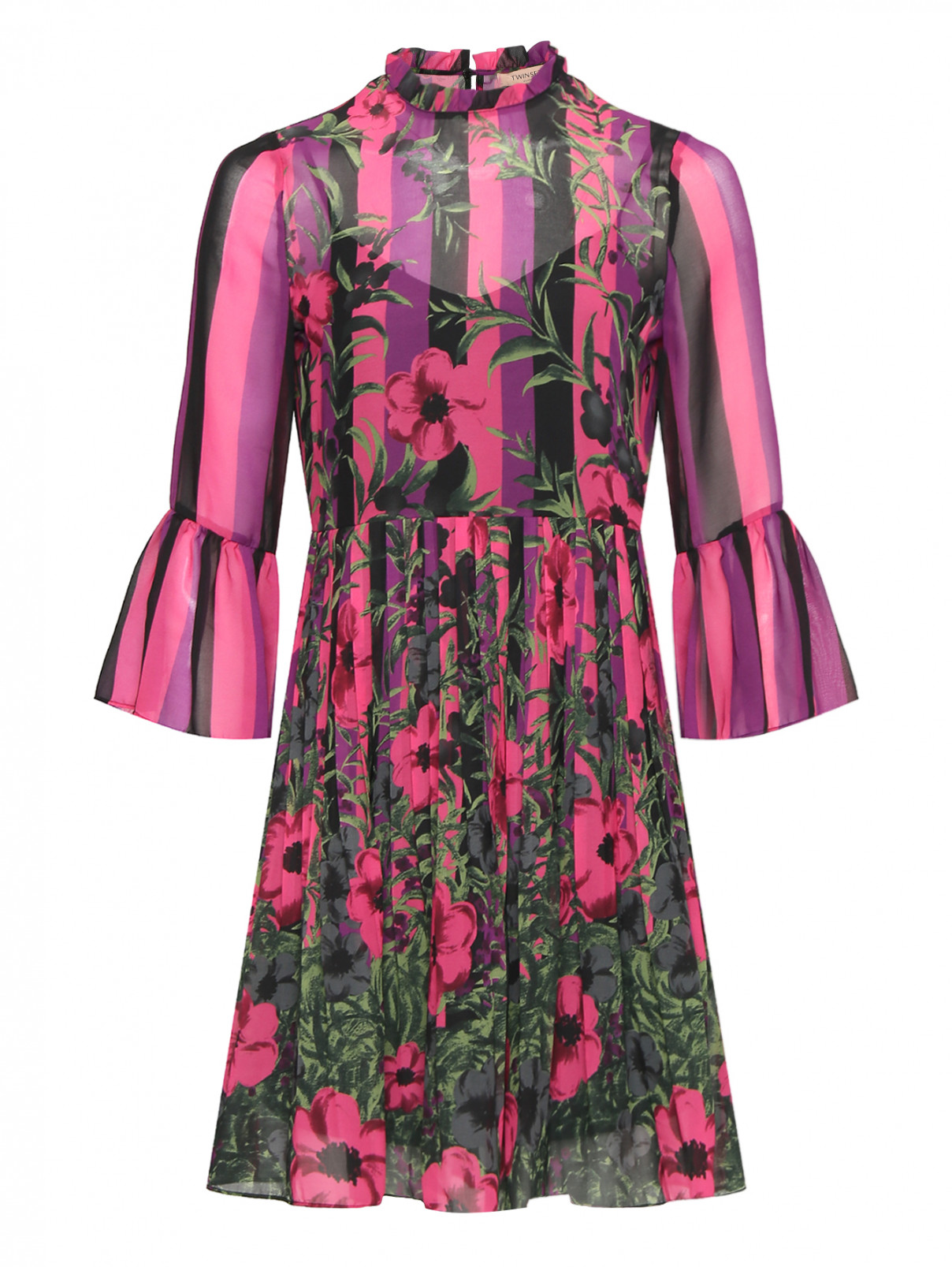 Платье в полоску с цветочным узором TWINSET  –  Общий вид  – Цвет:  Розовый