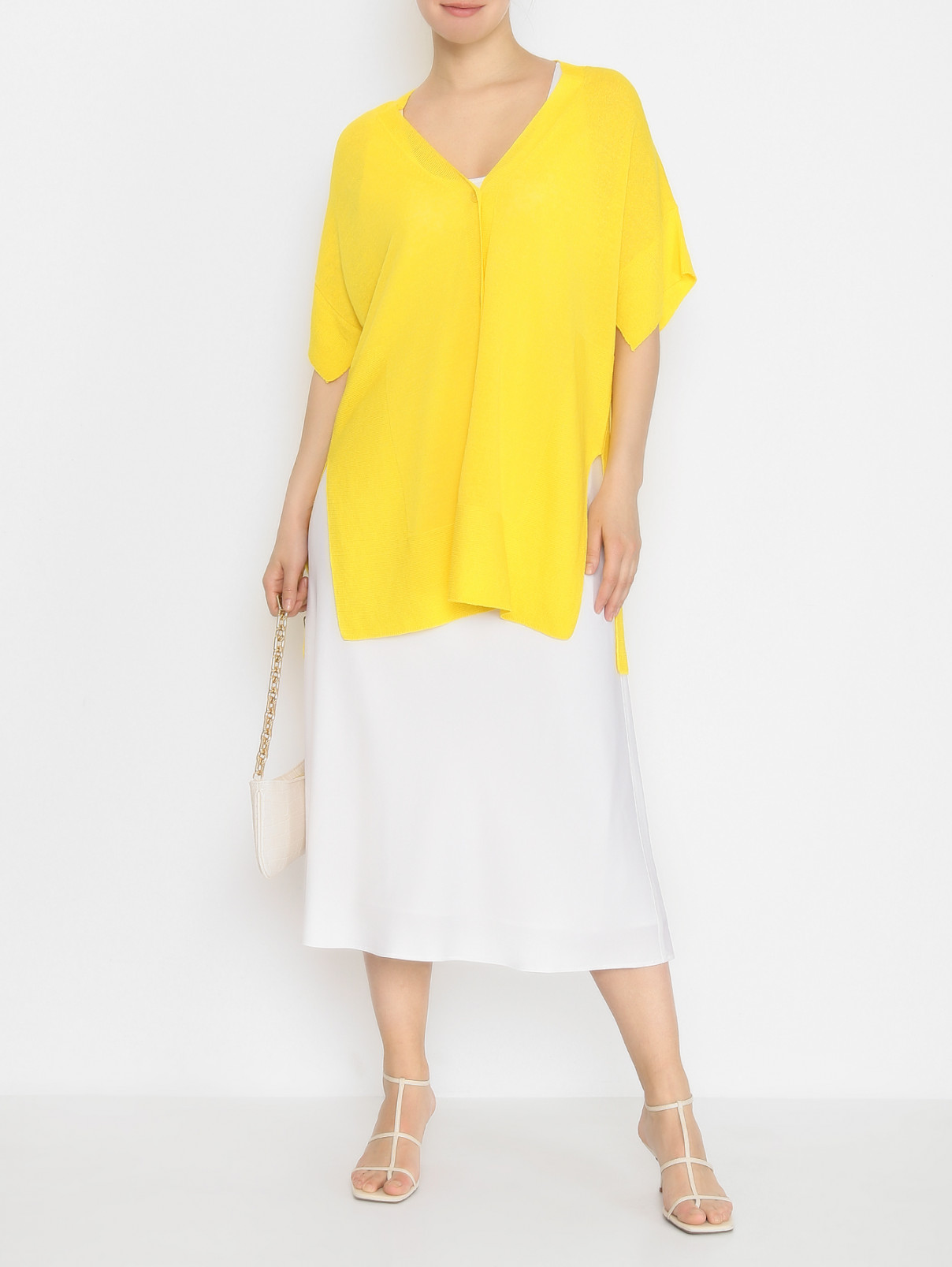 Кардиган из смешанного льна с коротким рукавом Marina Rinaldi  –  МодельОбщийВид  – Цвет:  Желтый