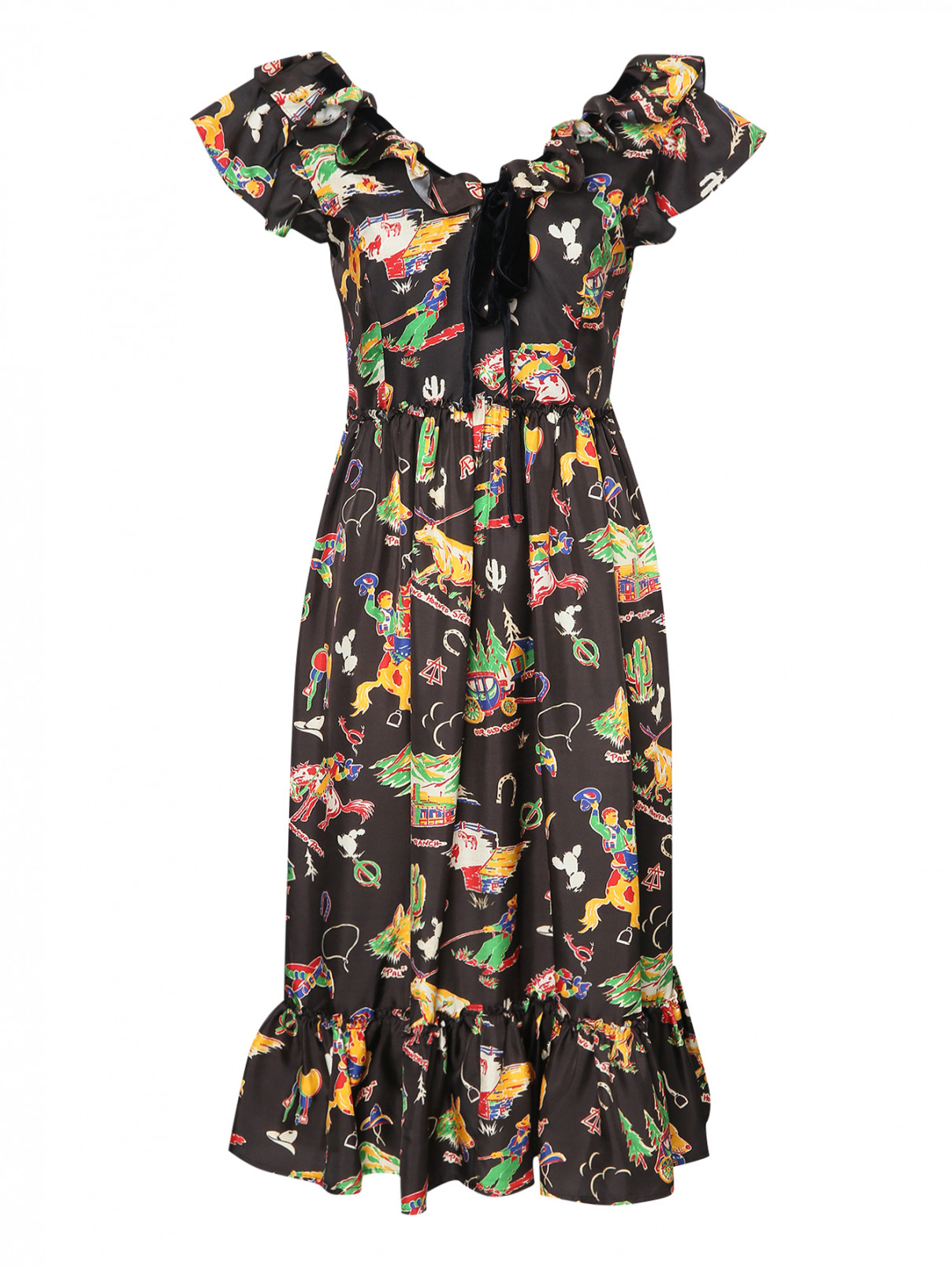 Платье-миди из шелка с узором Shrimps  –  Общий вид  – Цвет:  Черный