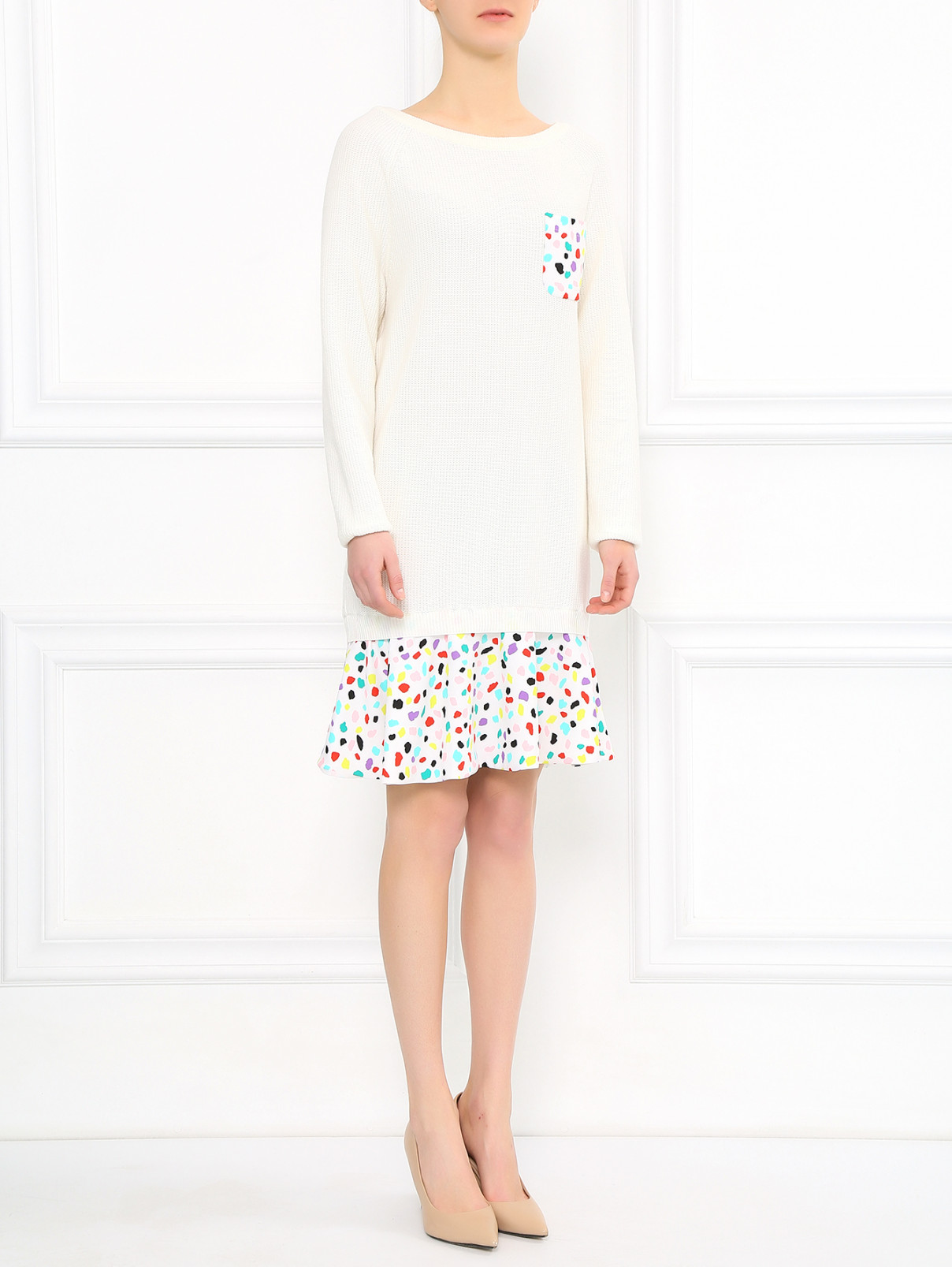 Платье из шерсти и хлопка  с узором "горох" Moschino Boutique  –  Модель Общий вид  – Цвет:  Белый