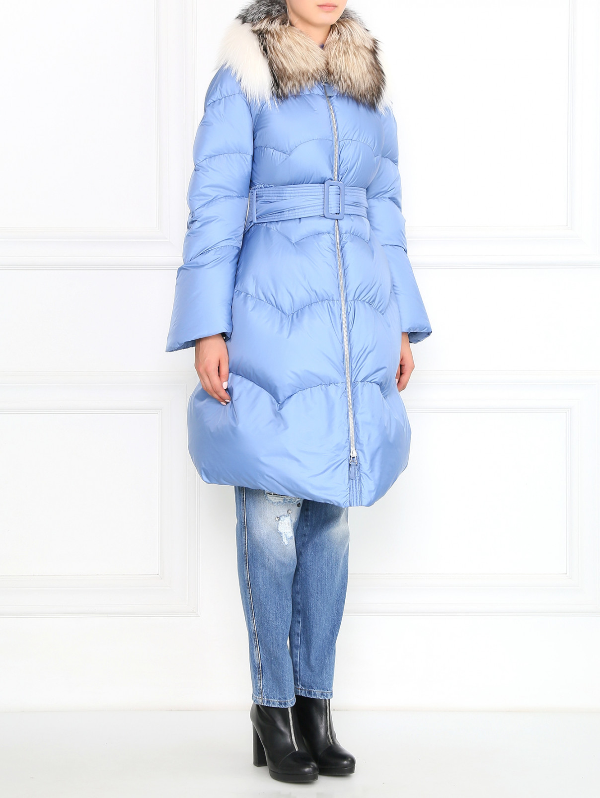 Пуховое пальто с воротником из меха енота Ermanno Scervino  –  Модель Общий вид  – Цвет:  Синий