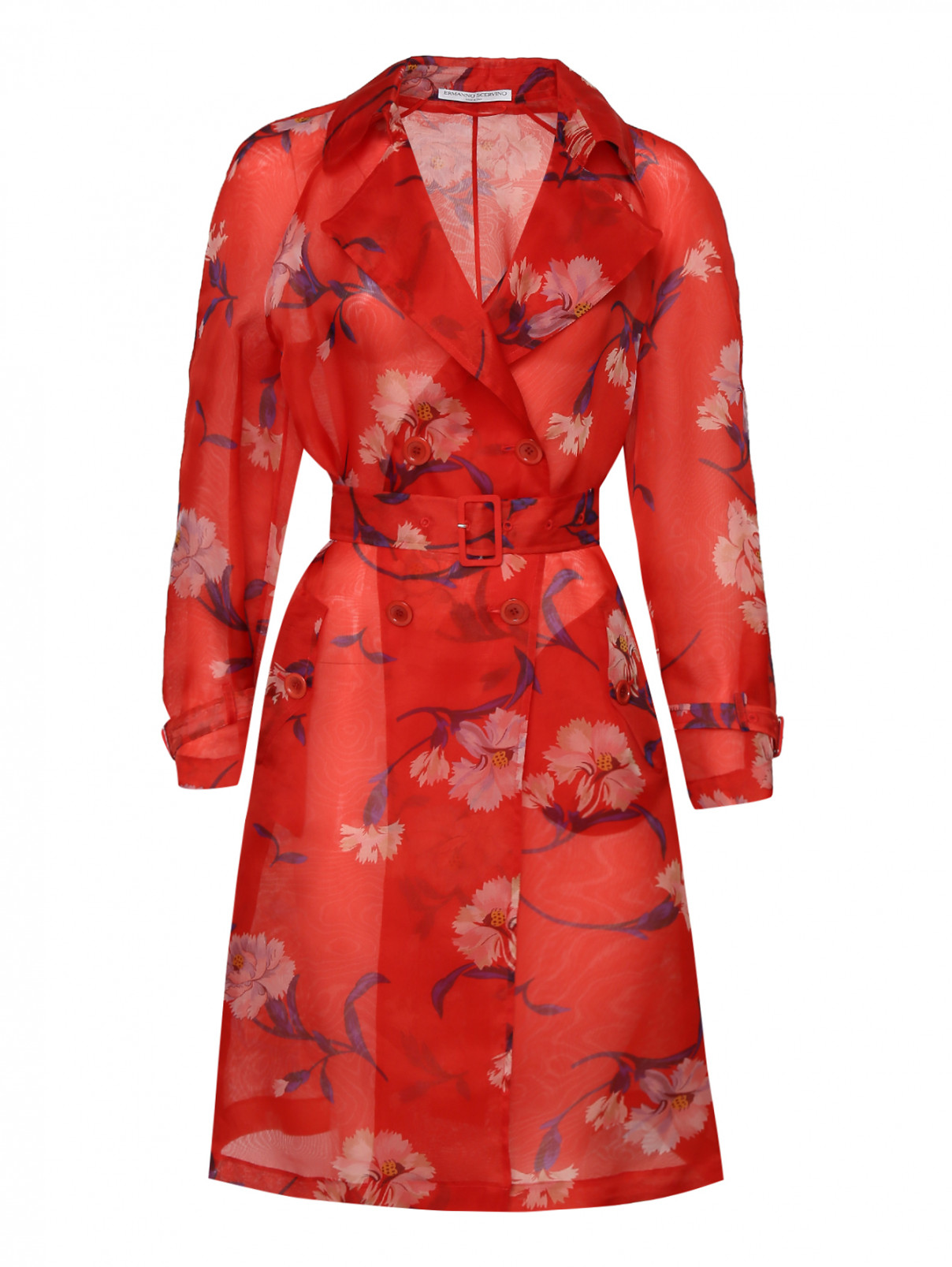 Легкое пальто из шелковой органзы с цветочным принтом Ermanno Scervino  –  Общий вид  – Цвет:  Красный