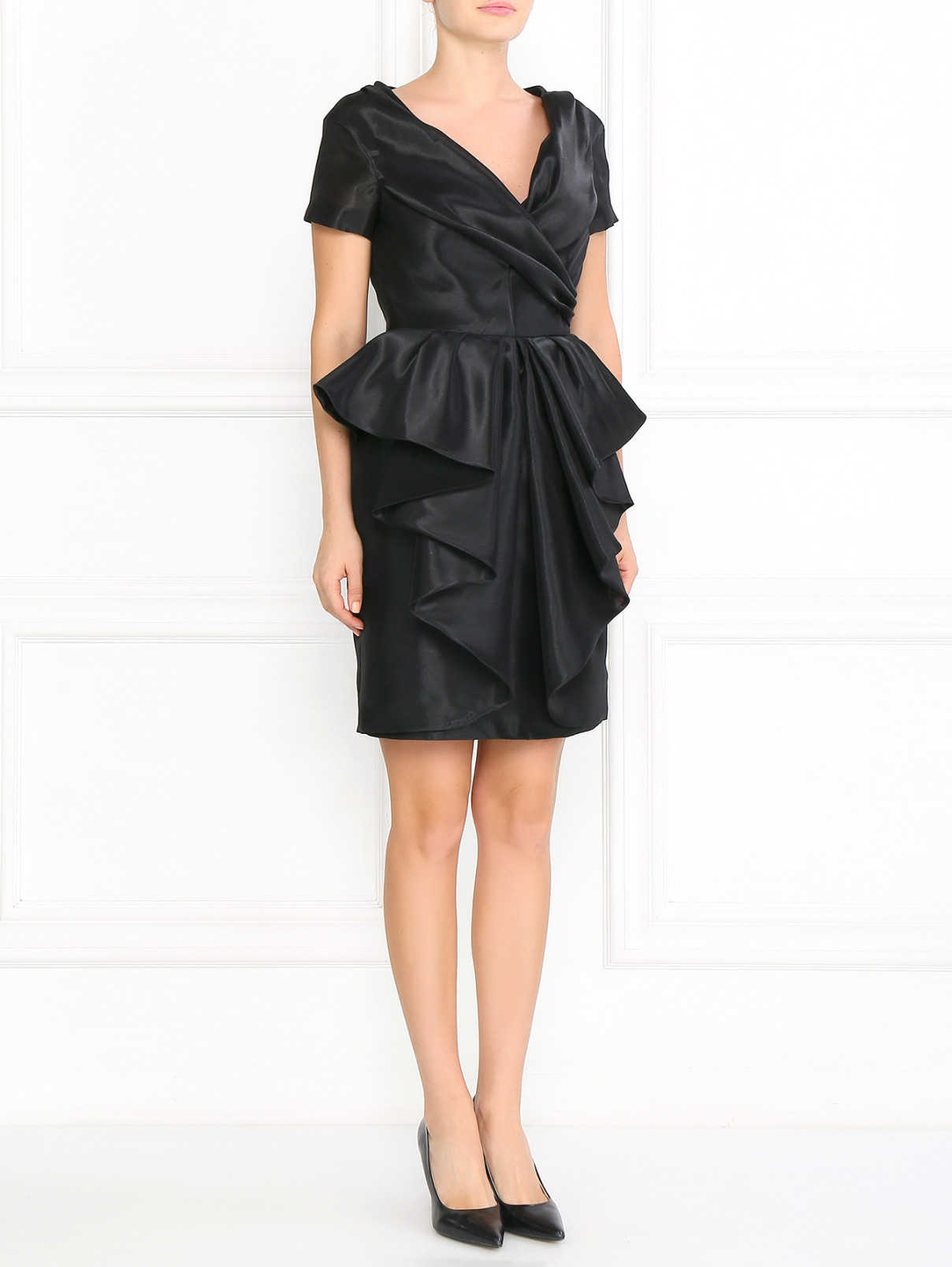 Платье с баской из хлопка и шелка Moschino  –  Модель Общий вид  – Цвет:  Черный