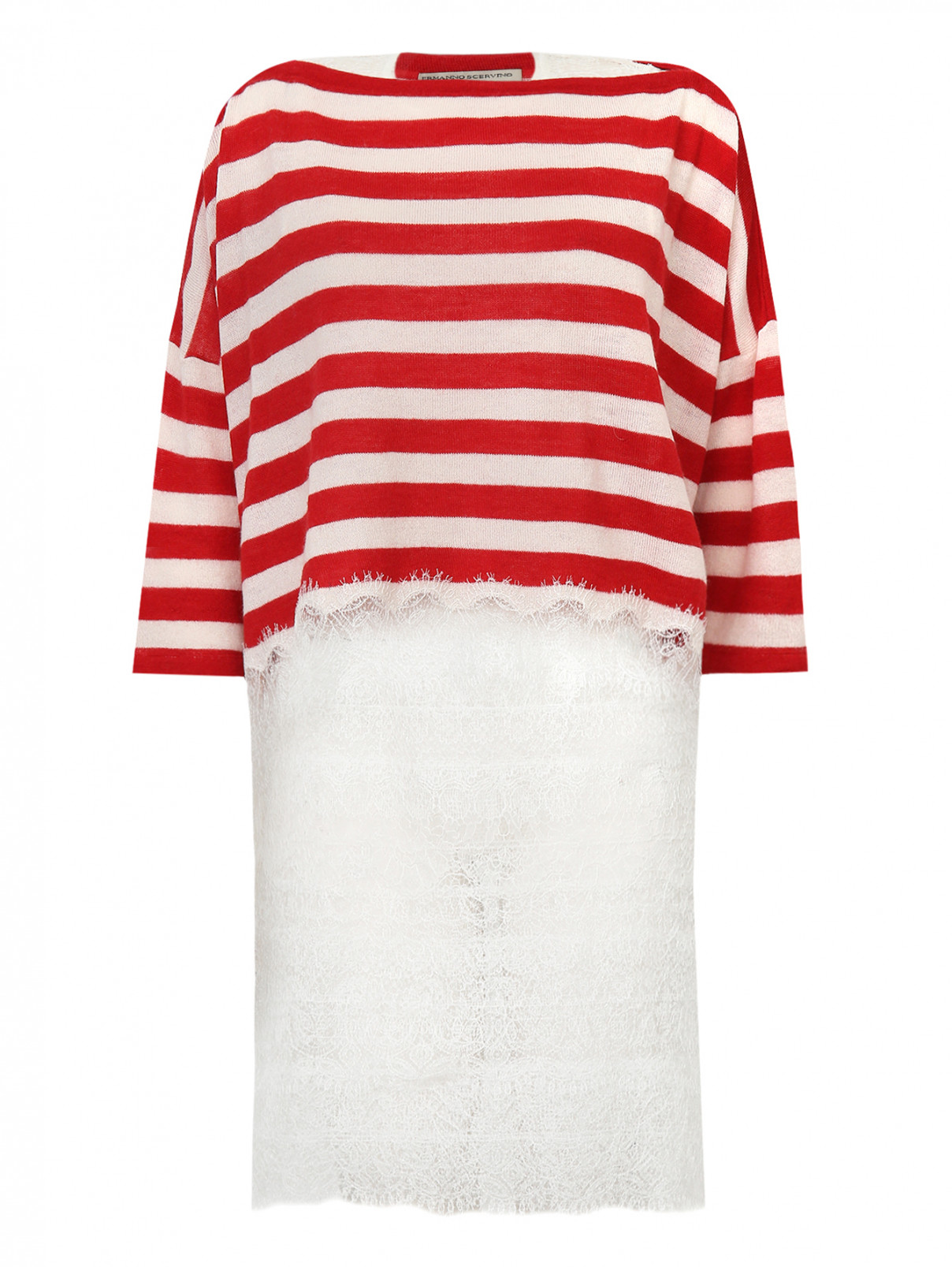 Платье мини  + джемпер в полоску  из шерсти и шелка декорированные кружевом Ermanno Scervino  –  Общий вид  – Цвет:  Белый