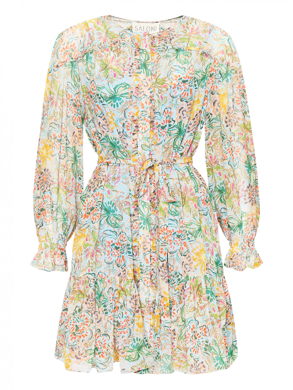 Платье из шелка с оборками и рюшами Saloni  –  Общий вид  – Цвет:  Мультиколор