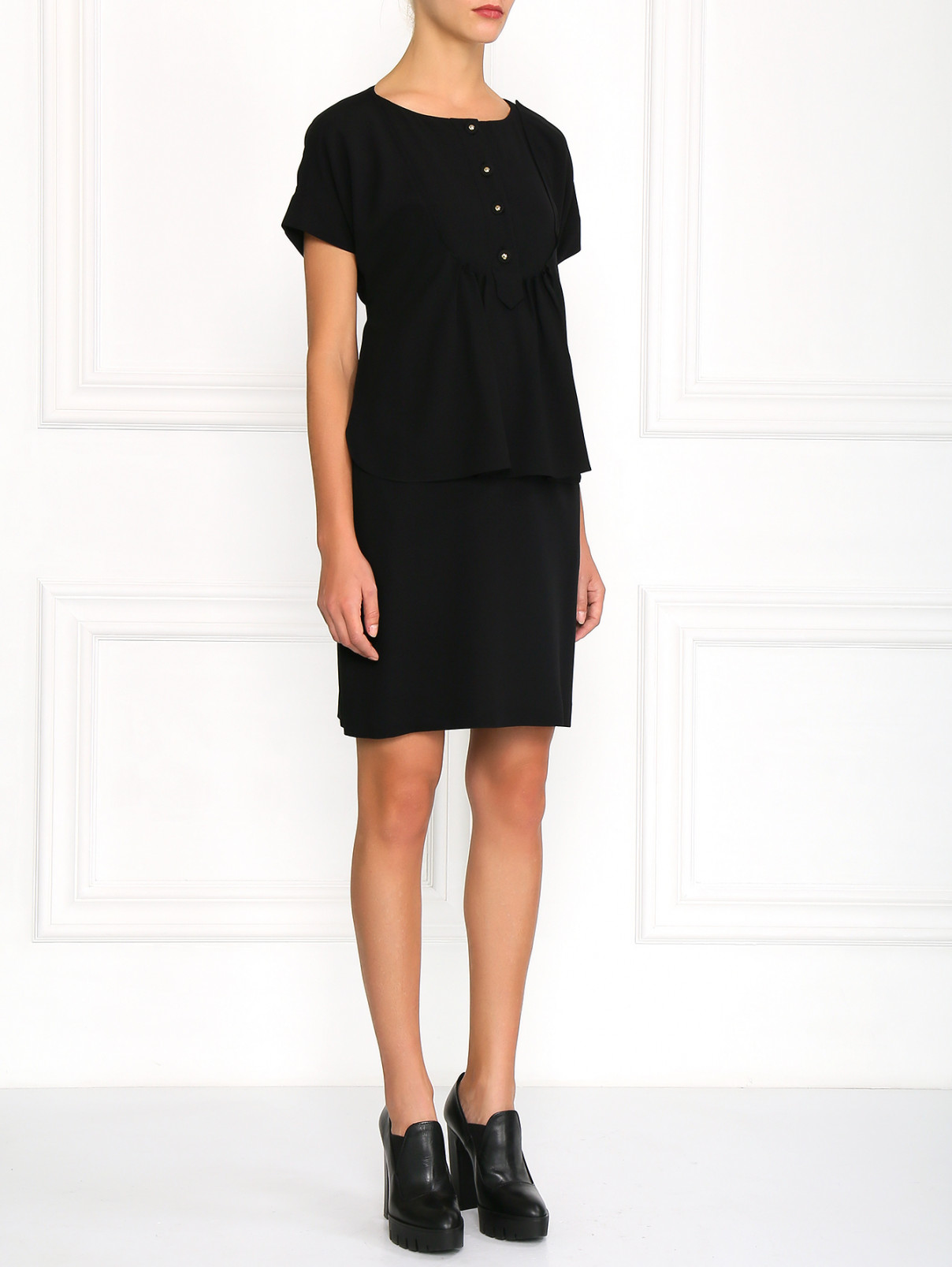 Платье-мини из шелка с декоративными пуговицами Moschino  –  Модель Общий вид  – Цвет:  Черный