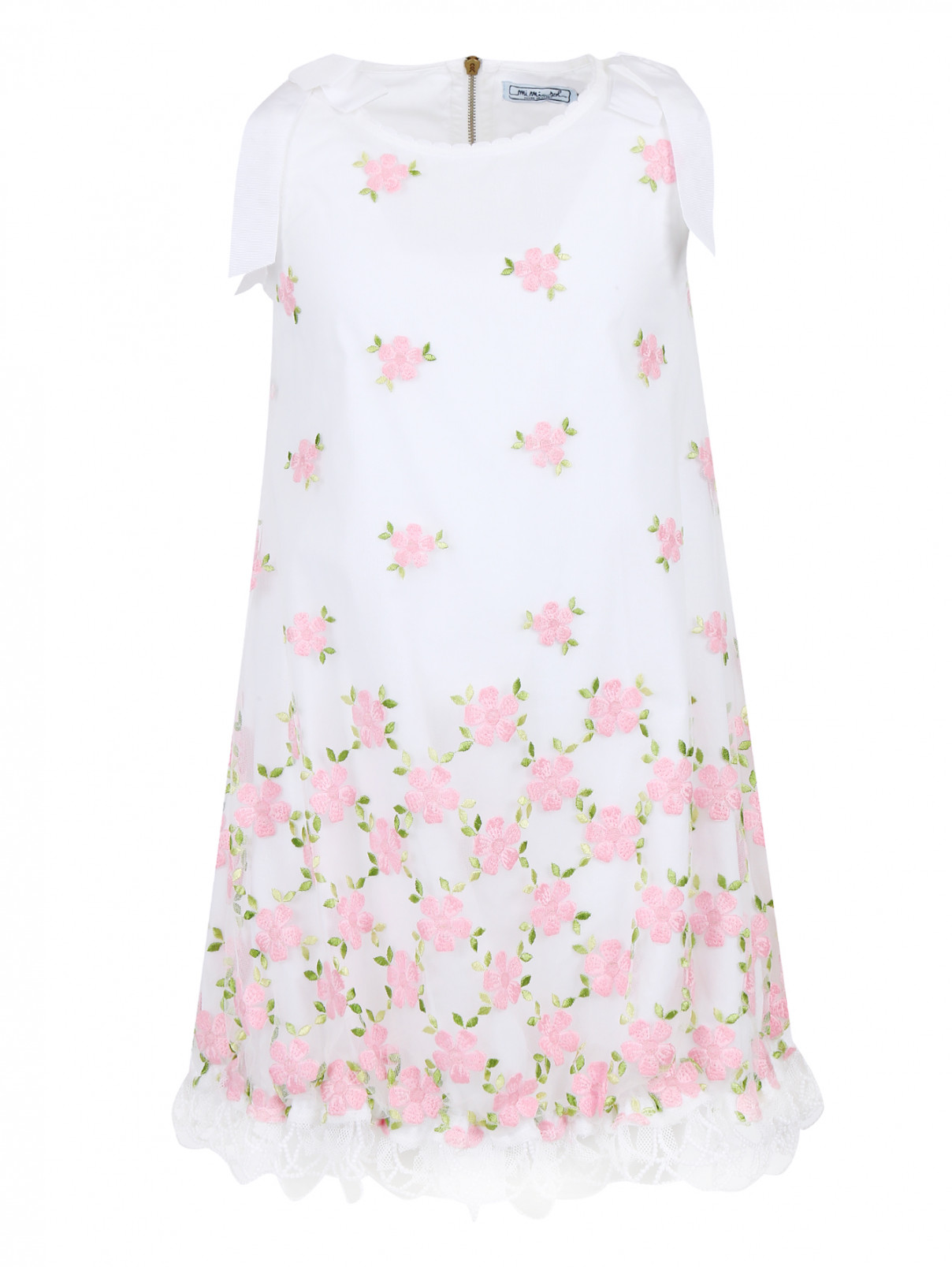Платье А-силуэта с вышивкой и ажурной обтачкой MiMiSol  –  Общий вид  – Цвет:  Белый