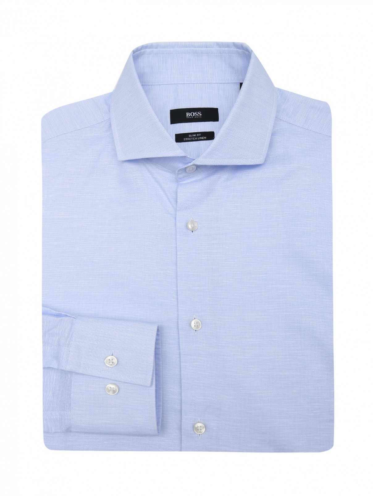 Рубашка из хлопка и льна на пуговицах Boss  –  Общий вид  – Цвет:  Синий