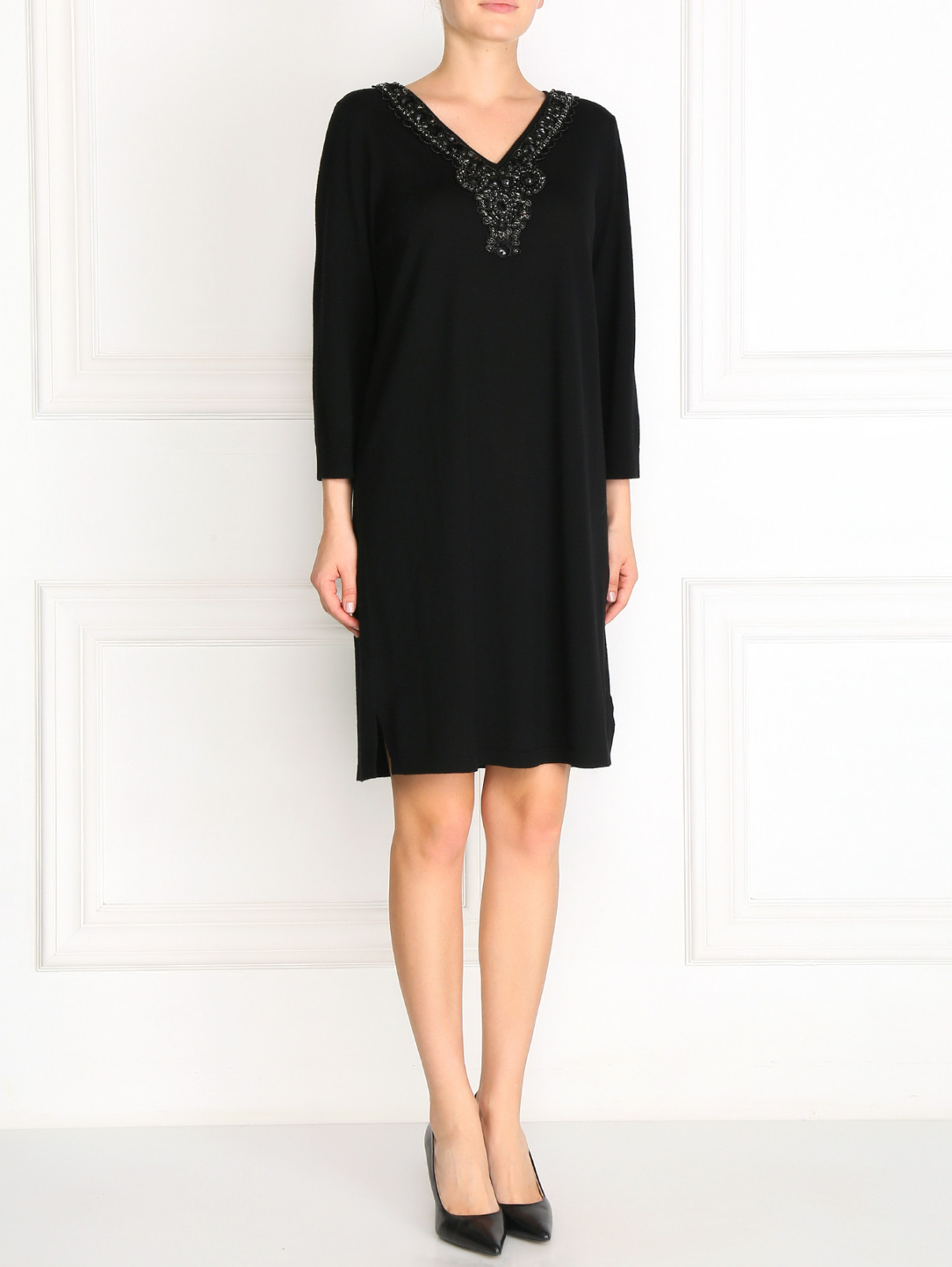 Платье из шерсти декорированное камнями Marina Rinaldi  –  Модель Общий вид  – Цвет:  Черный