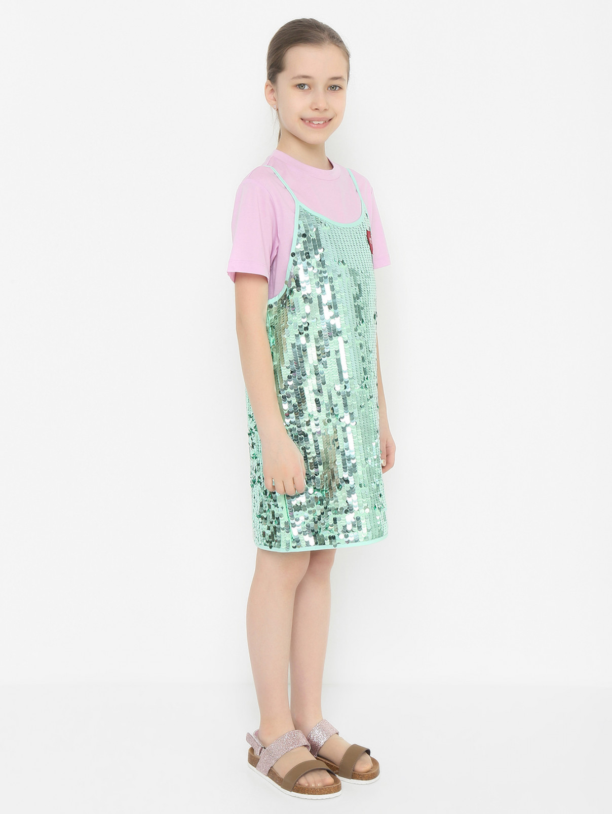 Двойное платье из хлопка и пайеток N21  –  МодельВерхНиз  – Цвет:  Розовый