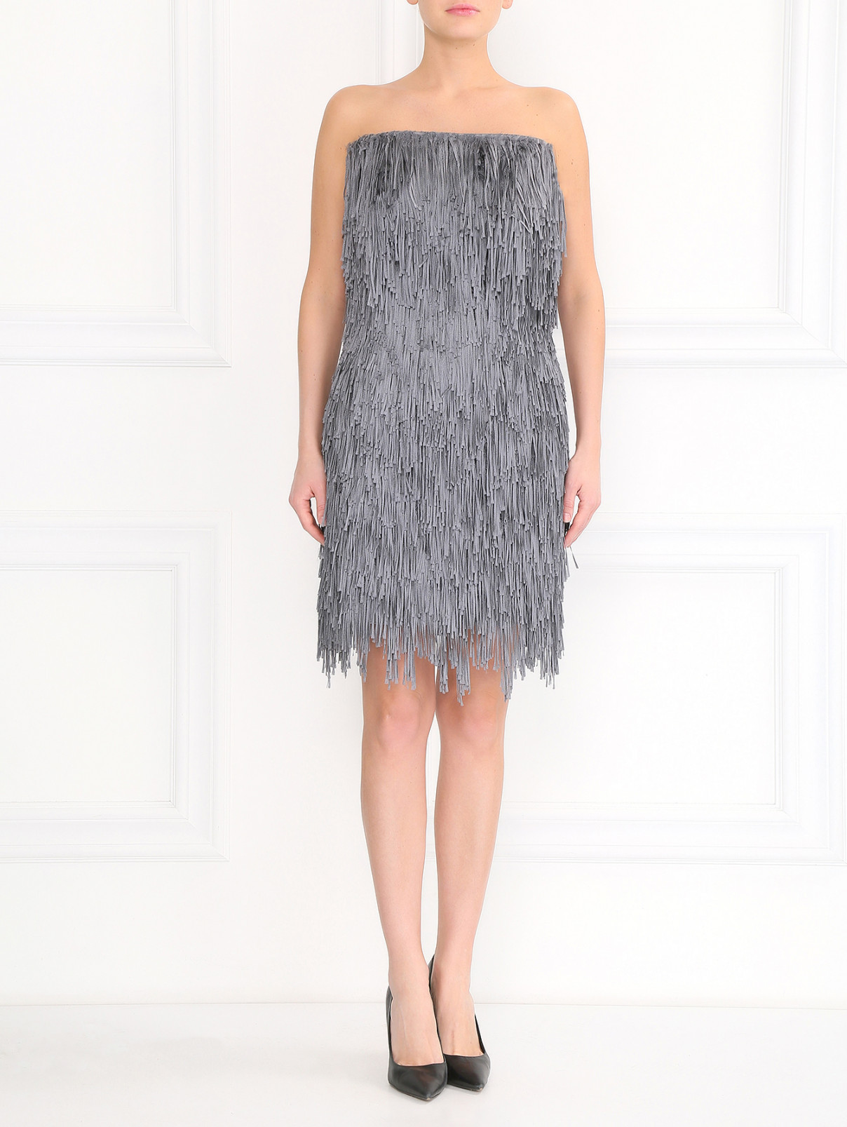Платье-мини из шелковой бахромы Alberta Ferretti  –  Модель Общий вид  – Цвет:  Серый
