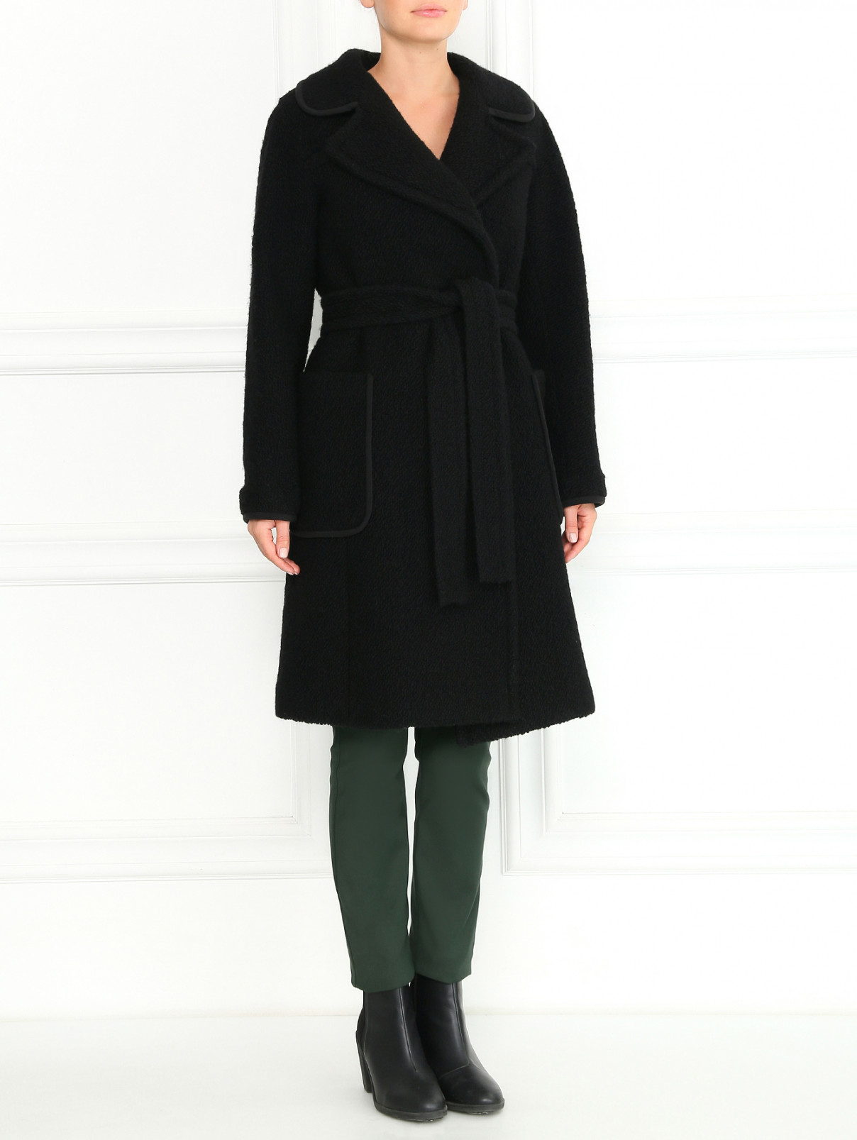Пальто из шерсти и шелка с поясом Aquilano Rimondi  –  Модель Общий вид  – Цвет:  Черный