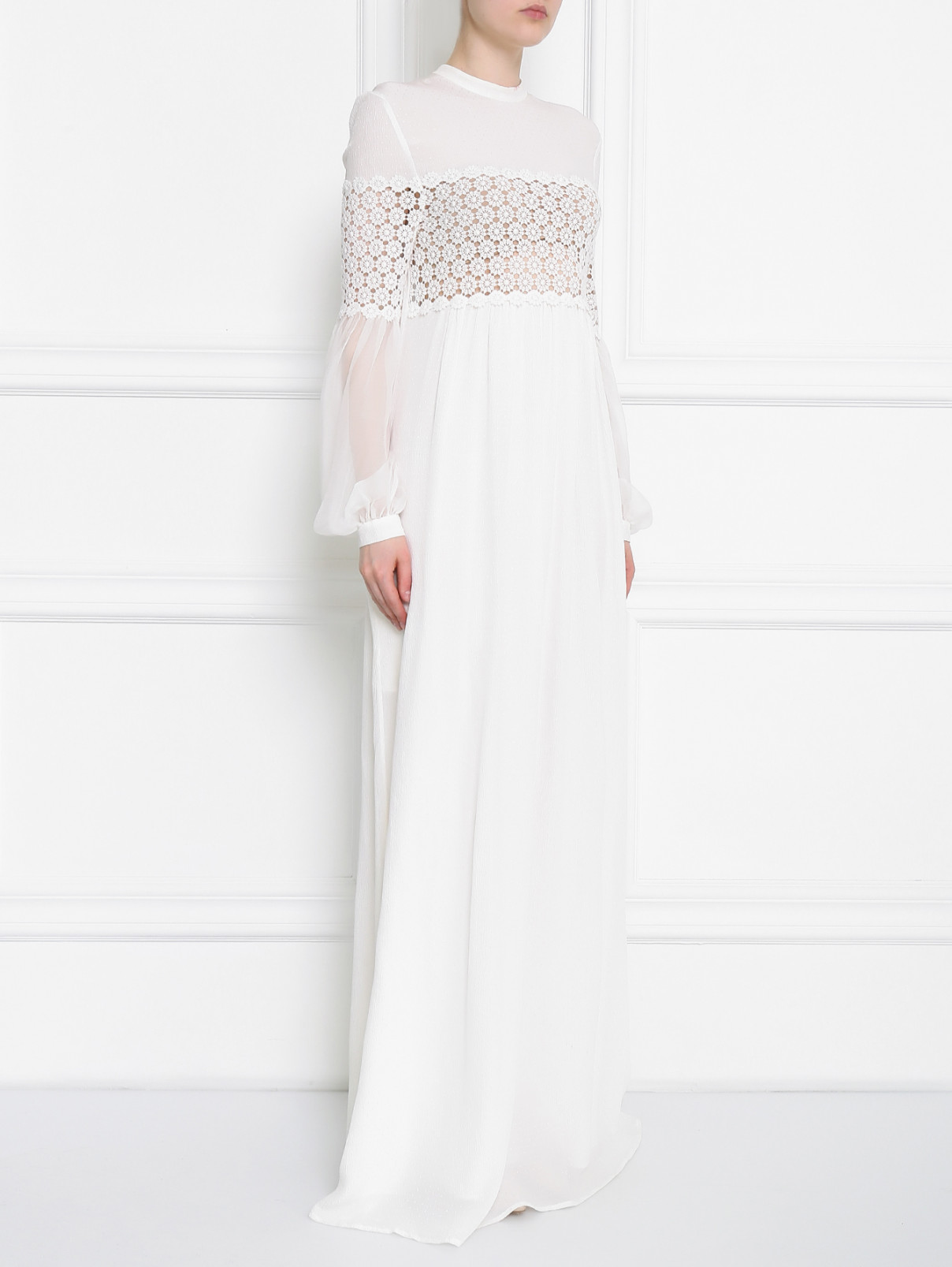 Платье-макси из шелка с вставкой из кружева Veronique Branquinho  –  Модель Общий вид  – Цвет:  Белый