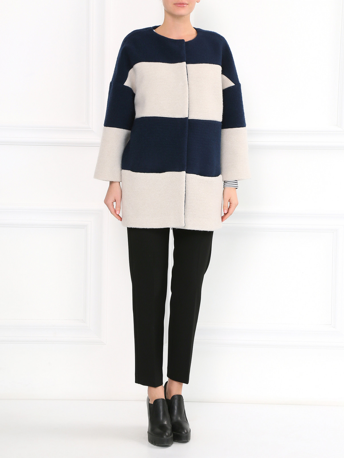 Укороченное пальто с узором "полоска" Max&Co  –  Модель Общий вид  – Цвет:  Синий