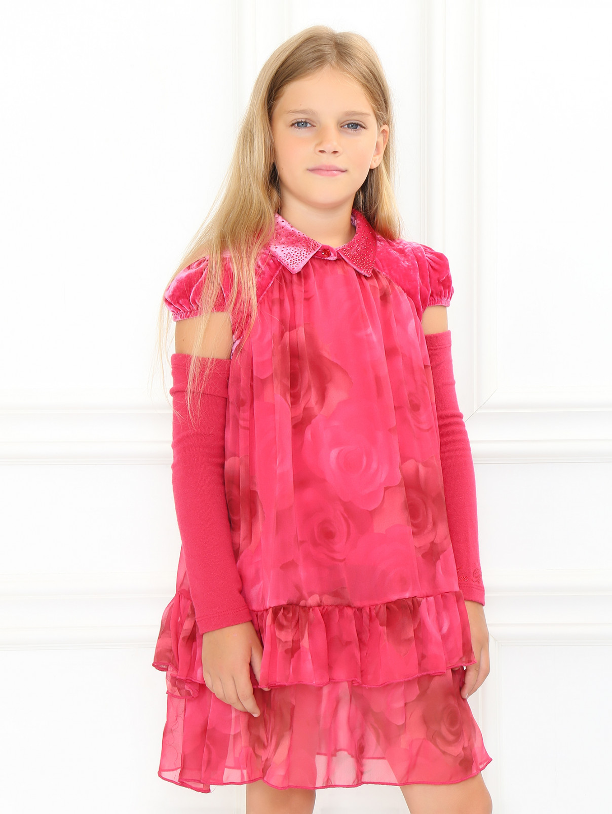 Платье из шелка  свободного кроя с рукавами в комплекте Miss Blumarine  –  Модель Верх-Низ  – Цвет:  Розовый