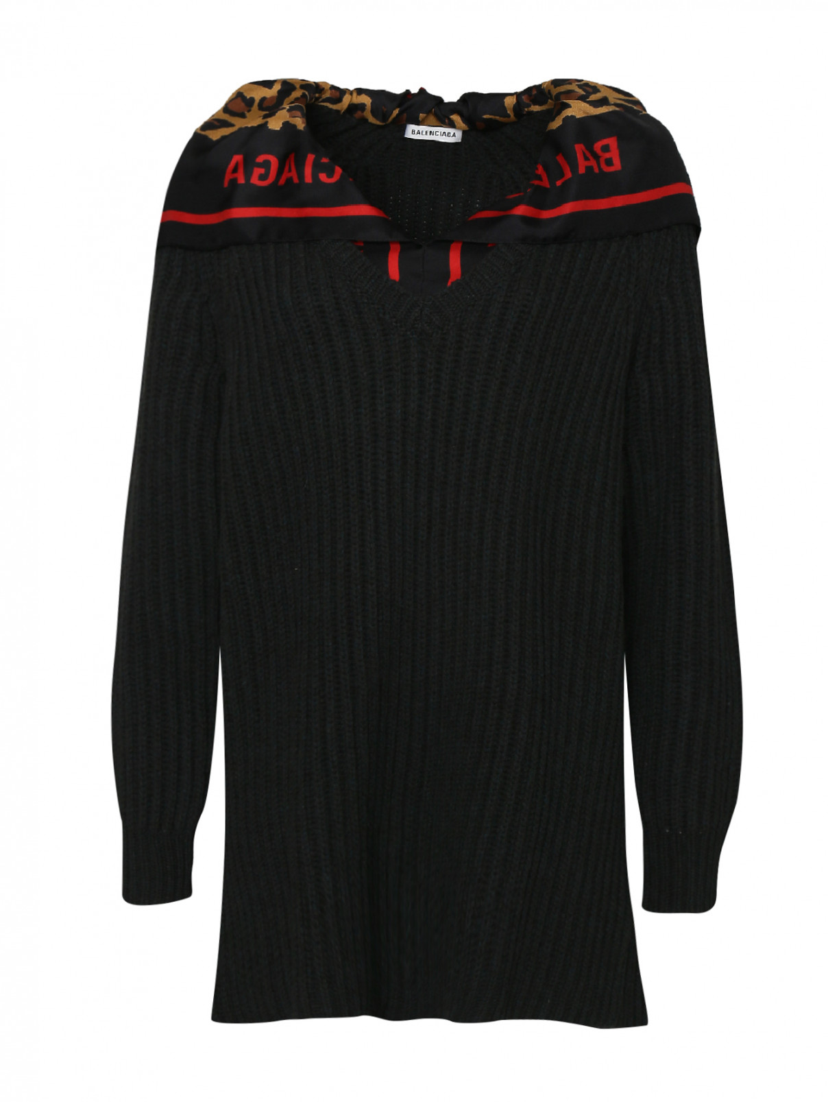 Свитер удлиненный из шерсти с шелковым воротником Balenciaga  –  Общий вид  – Цвет:  Черный