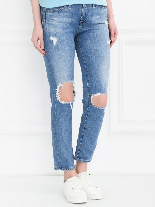Укороченные джинсы прямого кроя с потертостями - Модель Верх-Низ