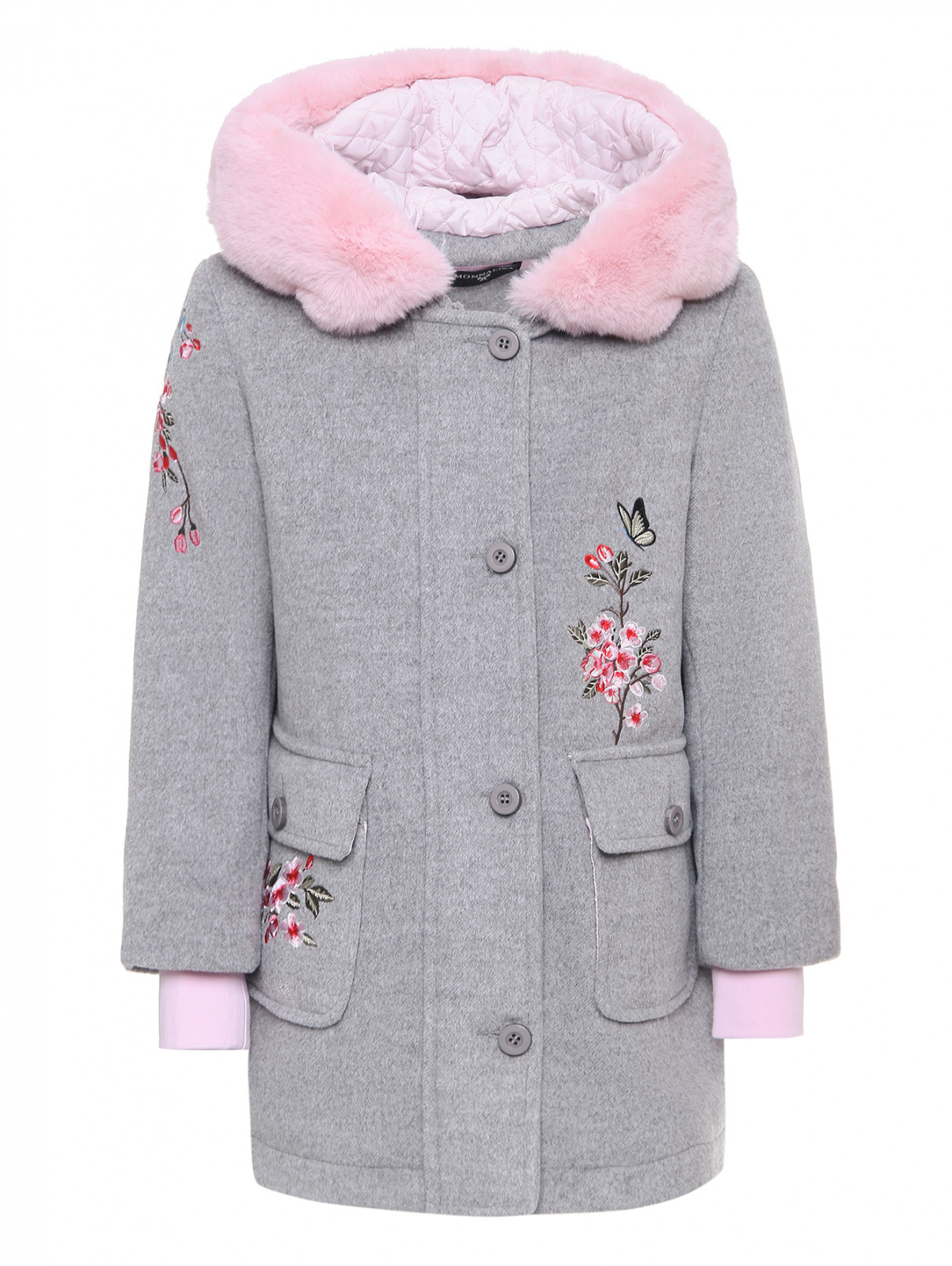 Пальто с вышивкой и накладными карманами MONNALISA  –  Общий вид  – Цвет:  Серый