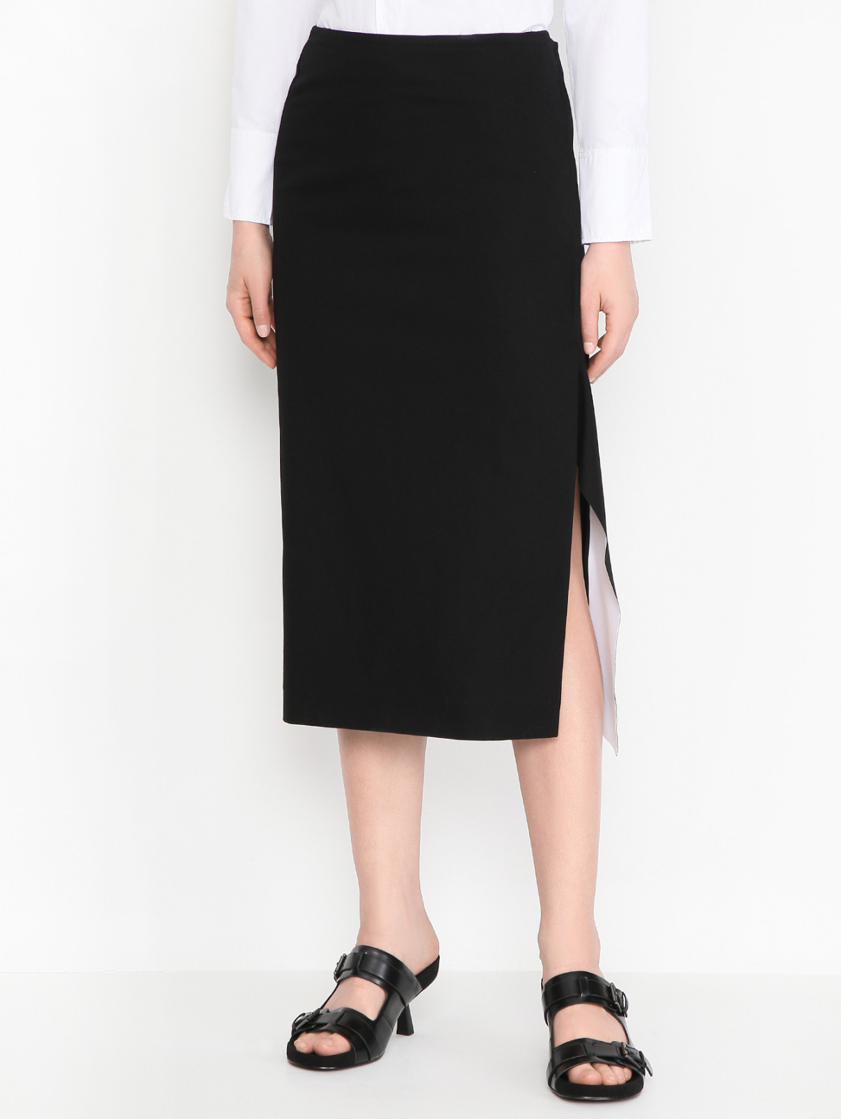 Юбка из хлопка с разрезом Sportmax  –  МодельВерхНиз  – Цвет:  Черный