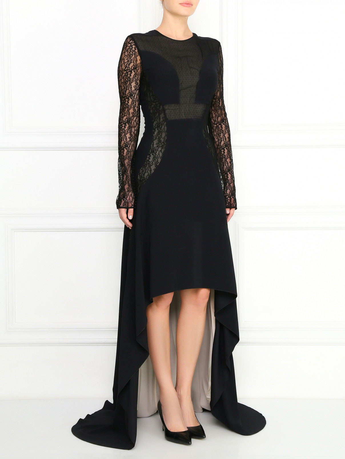 Платье-макси из шелка с кружевом и ассиметричным подолом Antonio Berardi  –  Модель Общий вид  – Цвет:  Черный