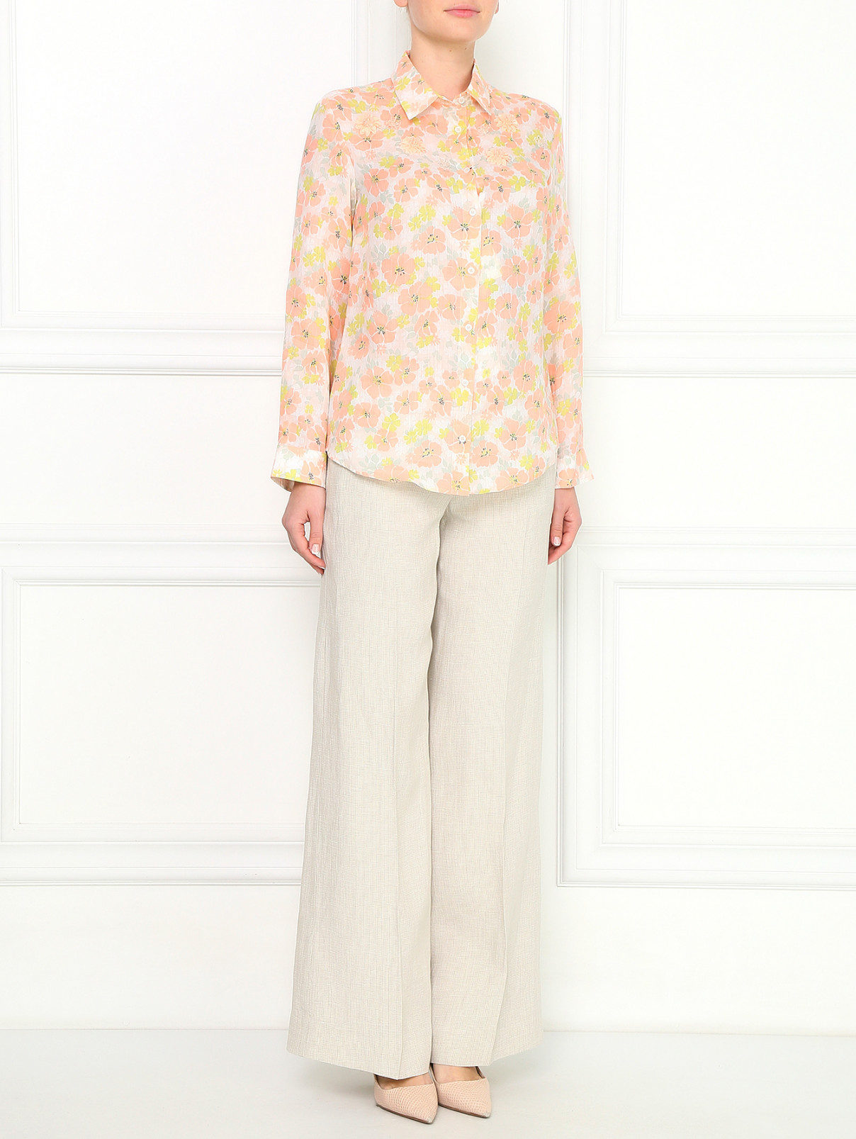 Блуза с цветочным узором, декорированная пайетками и стеклярусом Weekend Max Mara  –  Модель Общий вид  – Цвет:  Узор