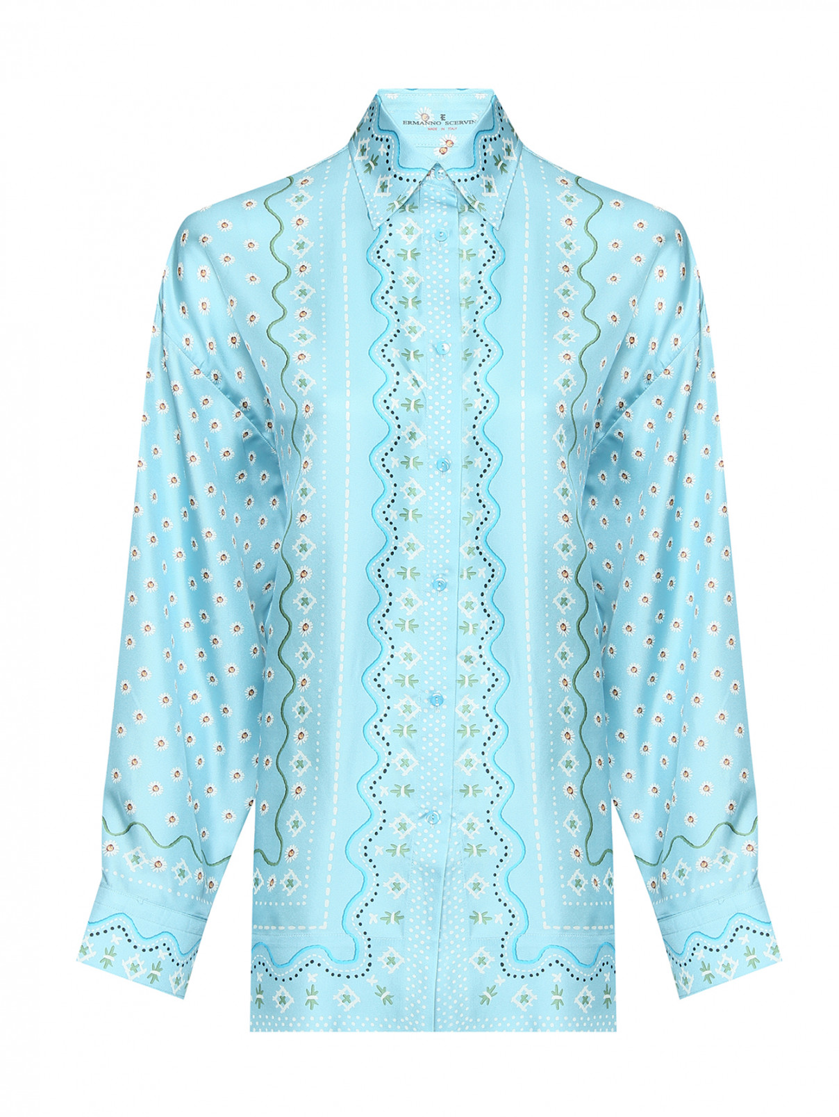 Рубашка из шелка с узором Ermanno Scervino  –  Общий вид  – Цвет:  Синий