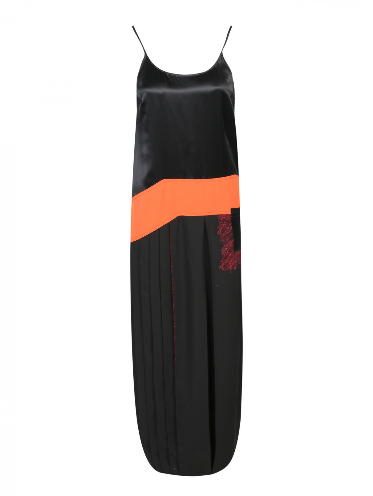 Платье миди на бретелях с плиссированной юбкой и аппликацией из кружева Tory Burch  –  Общий вид  – Цвет:  Черный