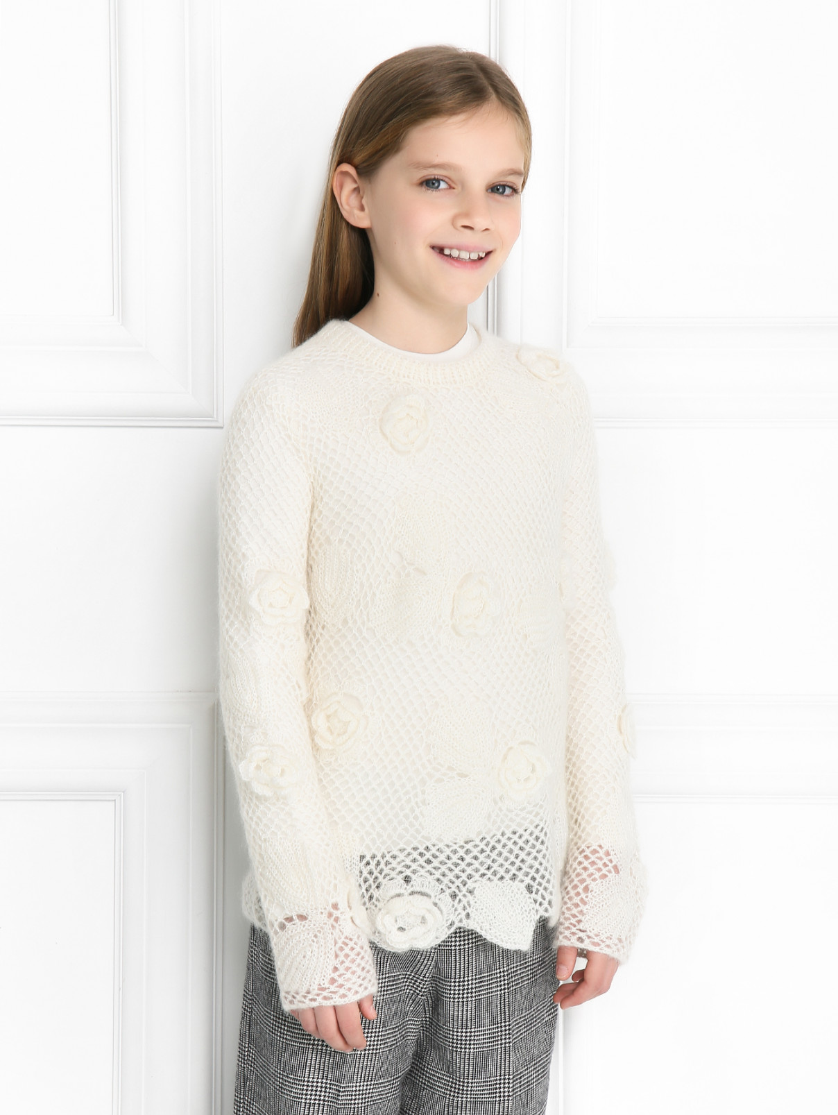 Джемпер из шерсти ажурный Ermanno Scervino Junior  –  МодельВерхНиз  – Цвет:  Белый