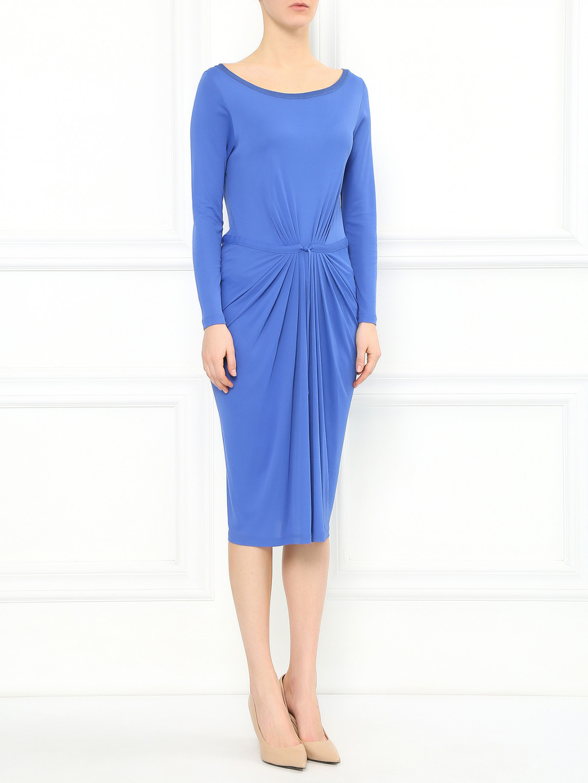 Платье-миди из смешанного шелка с драпировкой и круглым вырезом Alberta Ferretti  –  Модель Общий вид  – Цвет:  Синий
