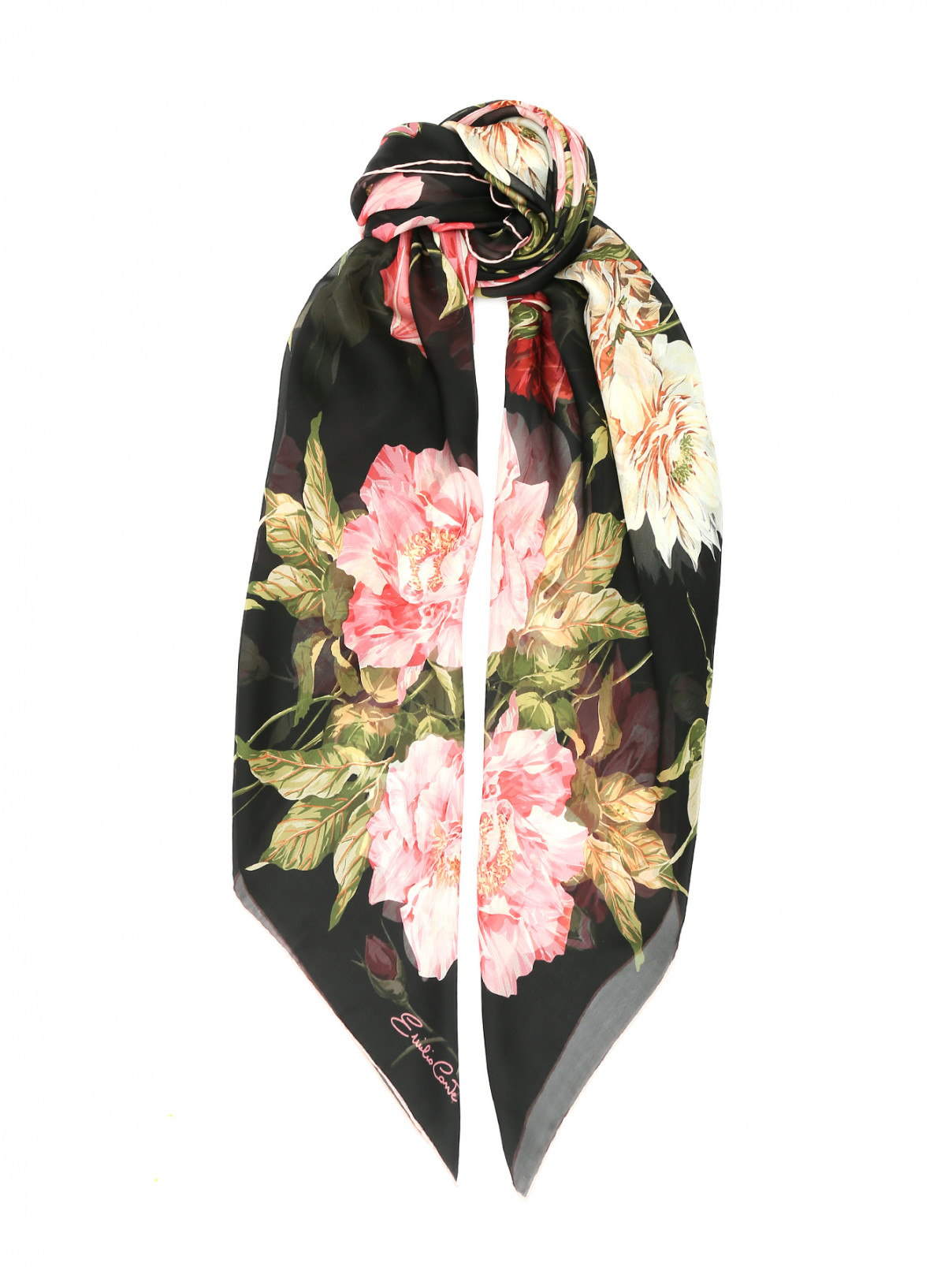 Платок из шелка с цветочным узором Emilio Conte  –  Общий вид  – Цвет:  Черный