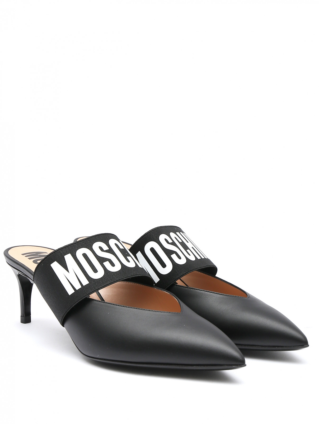 Туфли из гладкой кожи с логотипом Moschino  –  Общий вид  – Цвет:  Черный