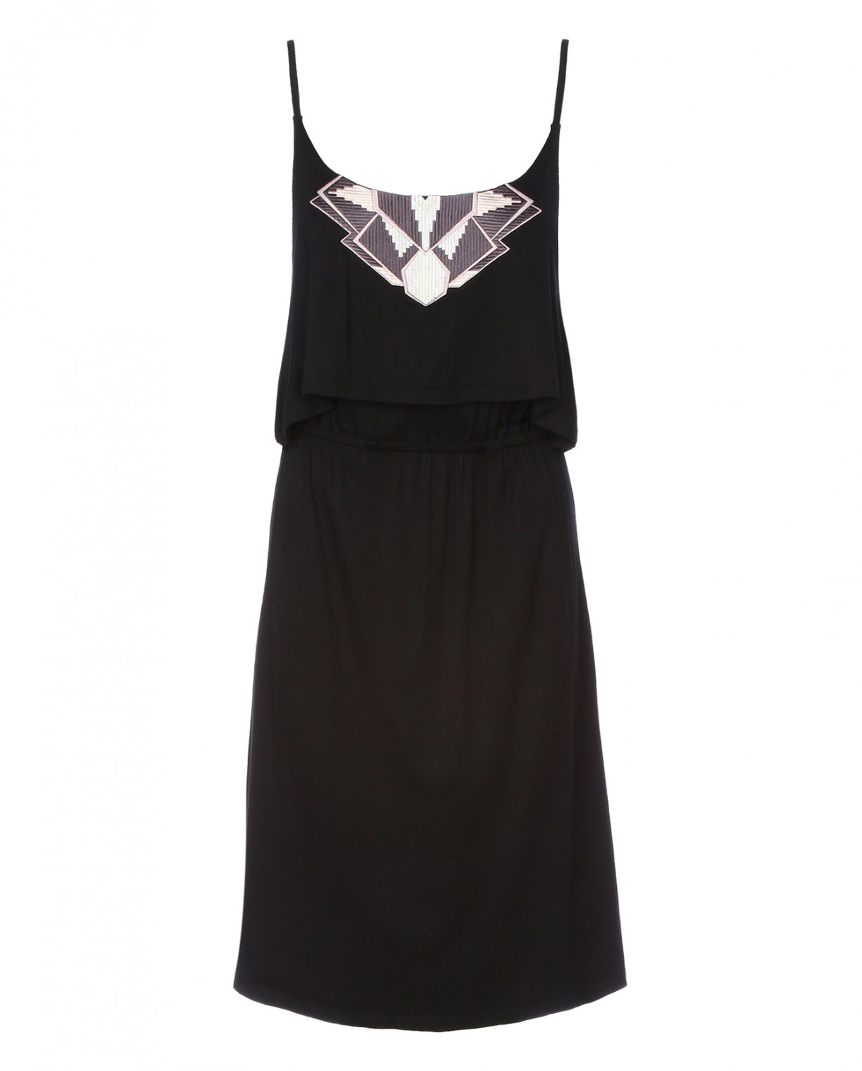 Платье-мини на бретелях с графической вышивкой MKT Studio  –  Общий вид  – Цвет:  Черный