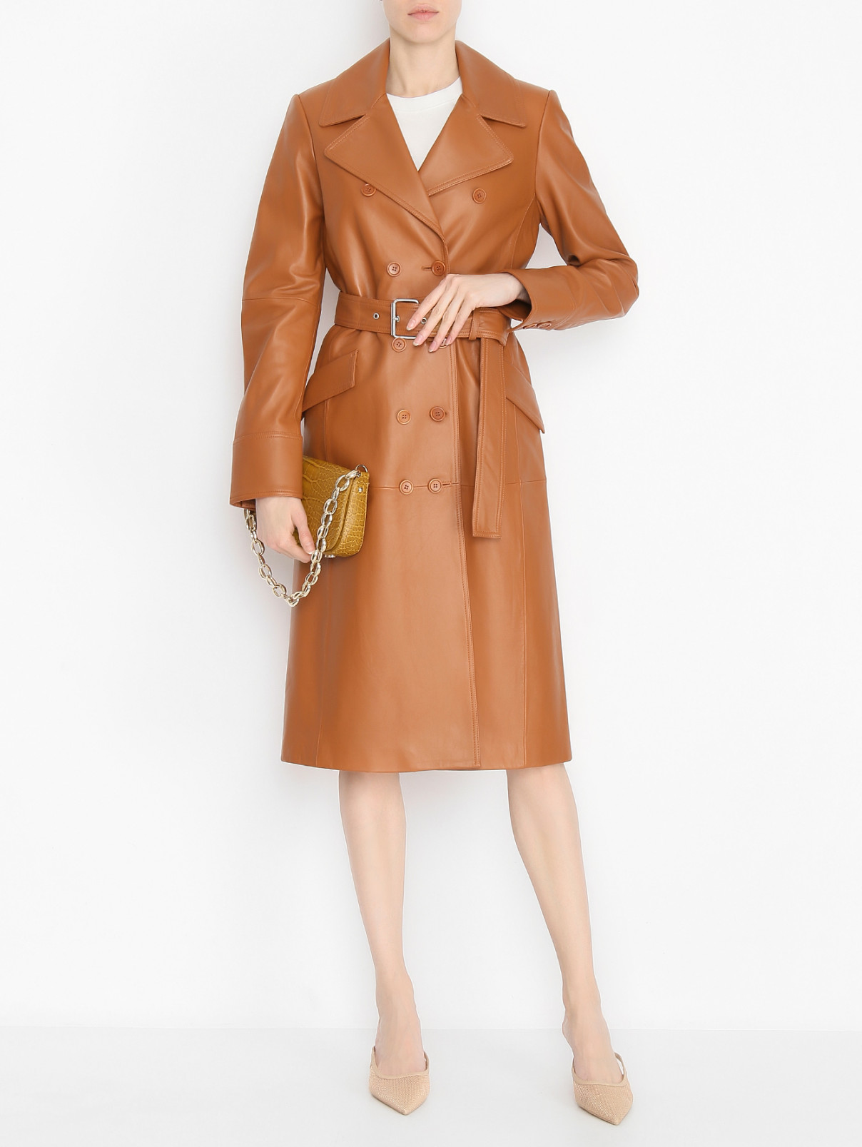 Плащ из кожи с ремнем Sportmax  –  МодельОбщийВид  – Цвет:  Коричневый