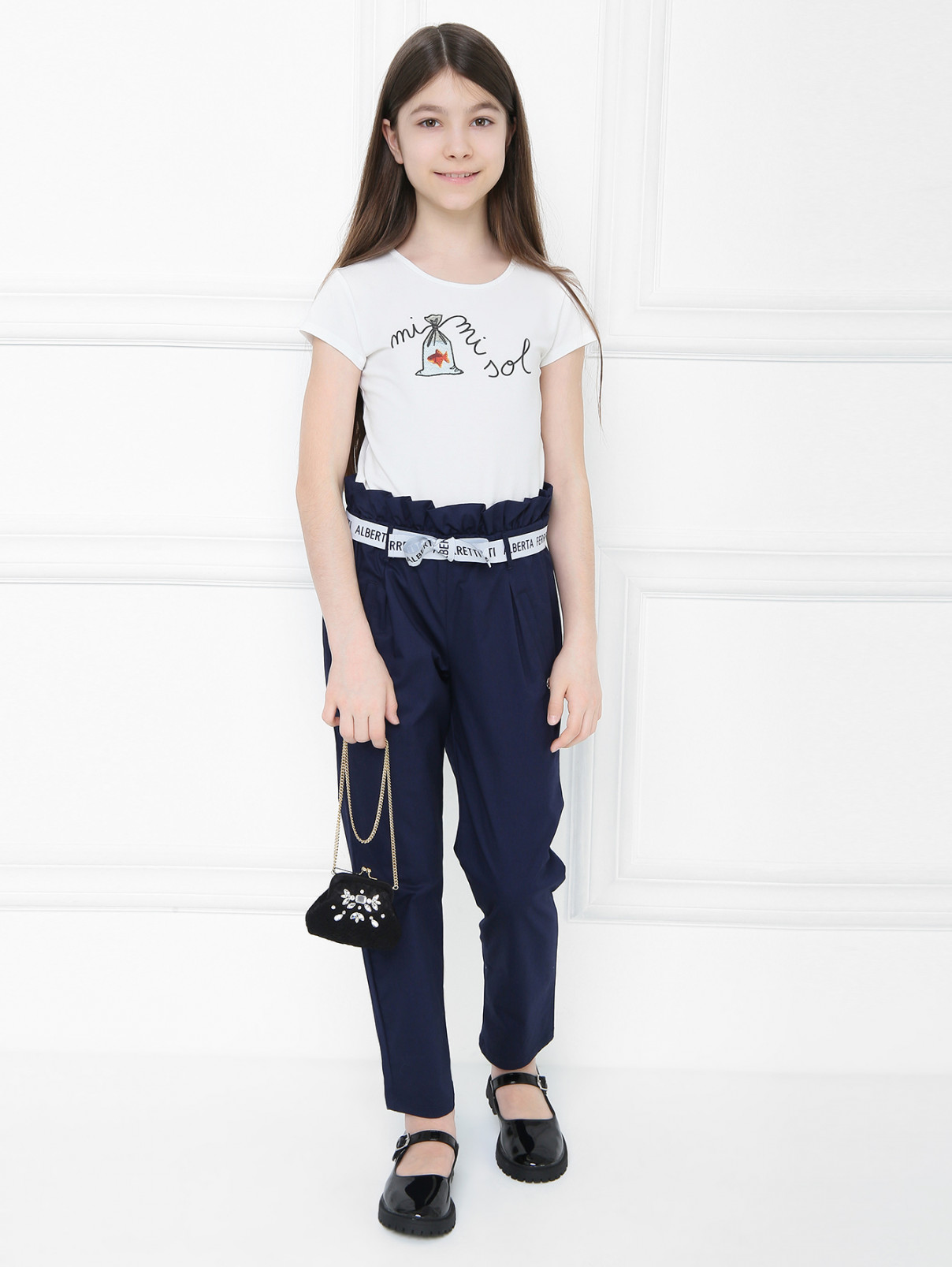 Брюки из хлопка с поясом Alberta Ferretti Junior  –  МодельОбщийВид  – Цвет:  Синий