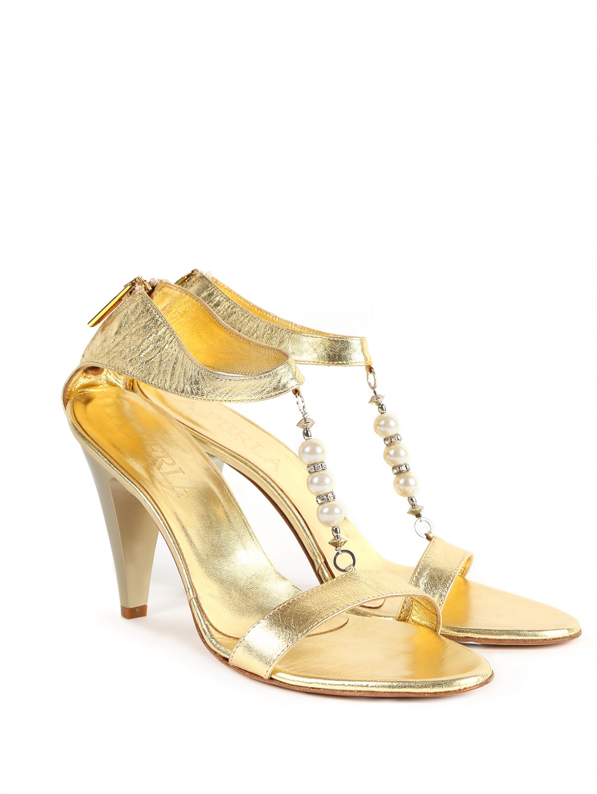 Босоножки из кожи на высоком каблуке с декором La Perla  –  Общий вид  – Цвет:  Золотой