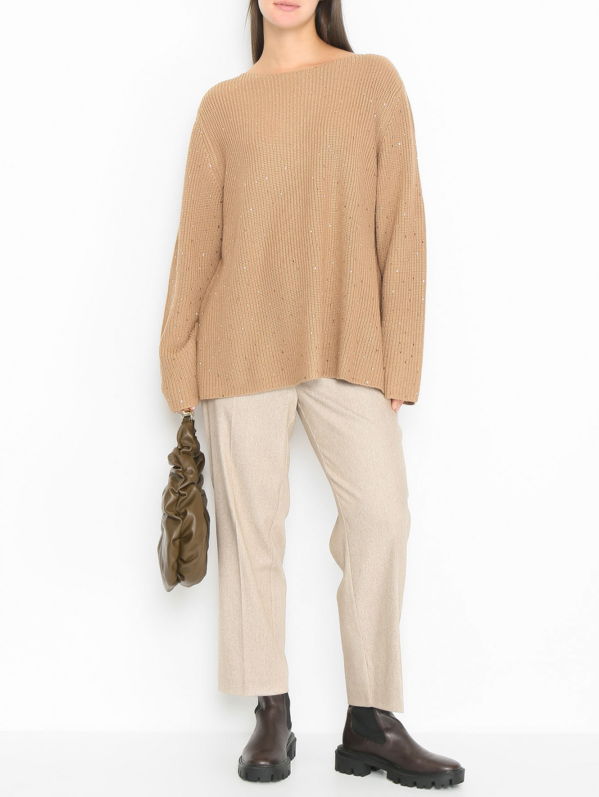 Однотонные брюки из смешанной шерсти Marina Rinaldi  –  МодельОбщийВид  – Цвет:  Бежевый