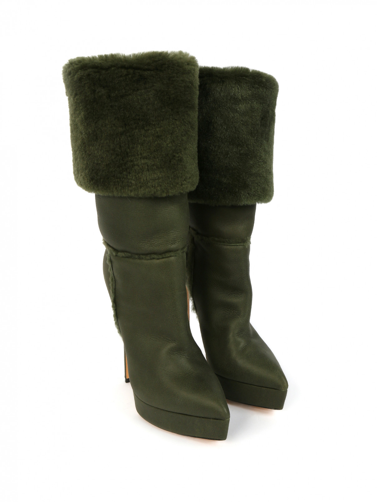 Зимние сапоги из кожи на высоком каблуке и с меховым отворотом Casadei  –  Общий вид  – Цвет:  Зеленый