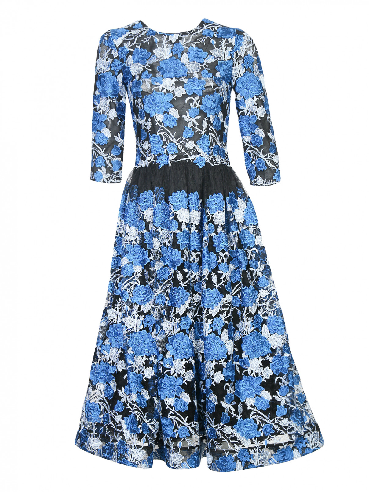 Платье-миди с цветочной вышивкой Daniela de Souza  –  Общий вид  – Цвет:  Синий