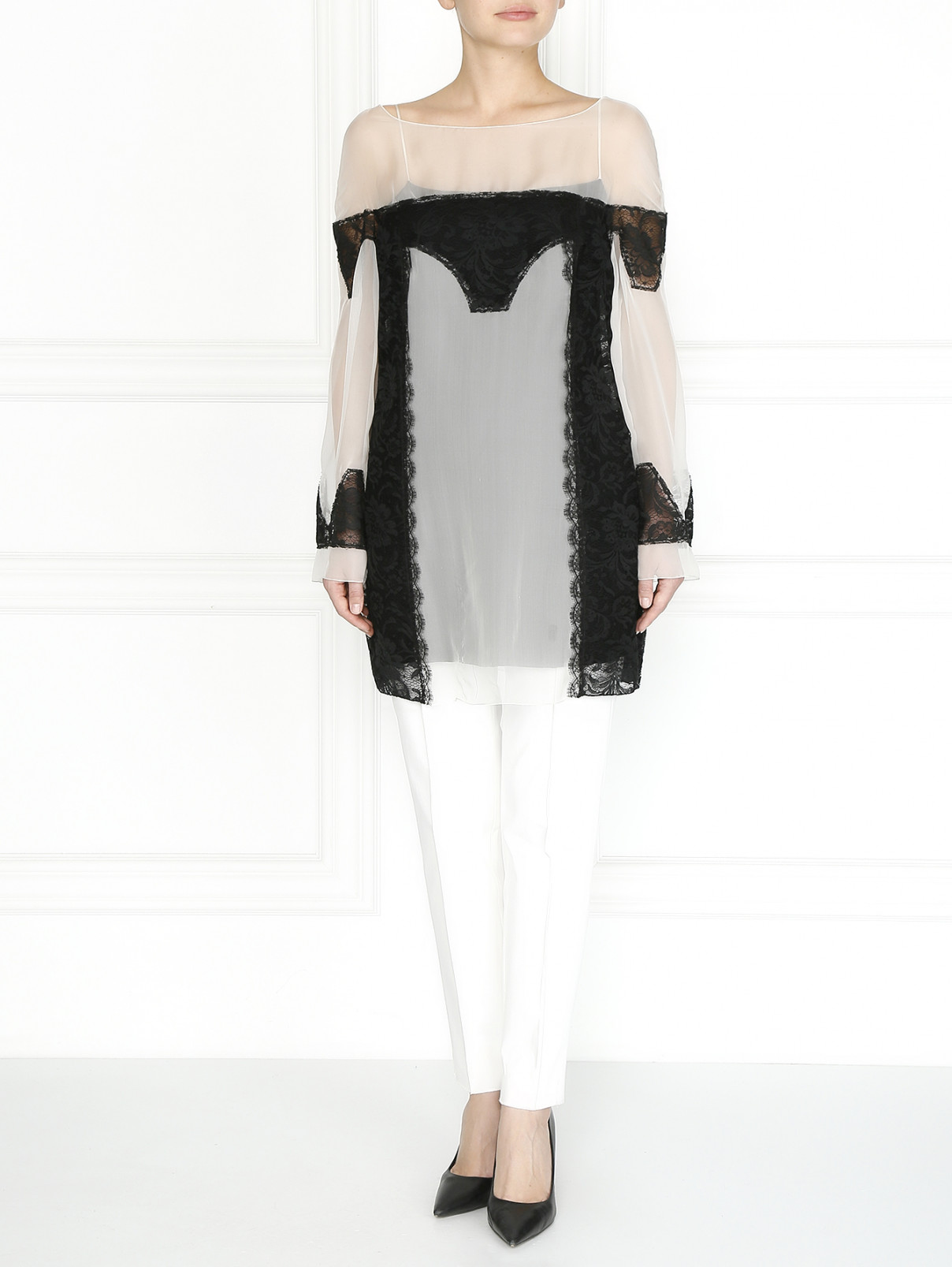 Удлиненная блуза из шелка с отделкой из кружева Alberta Ferretti  –  Модель Общий вид  – Цвет:  Белый