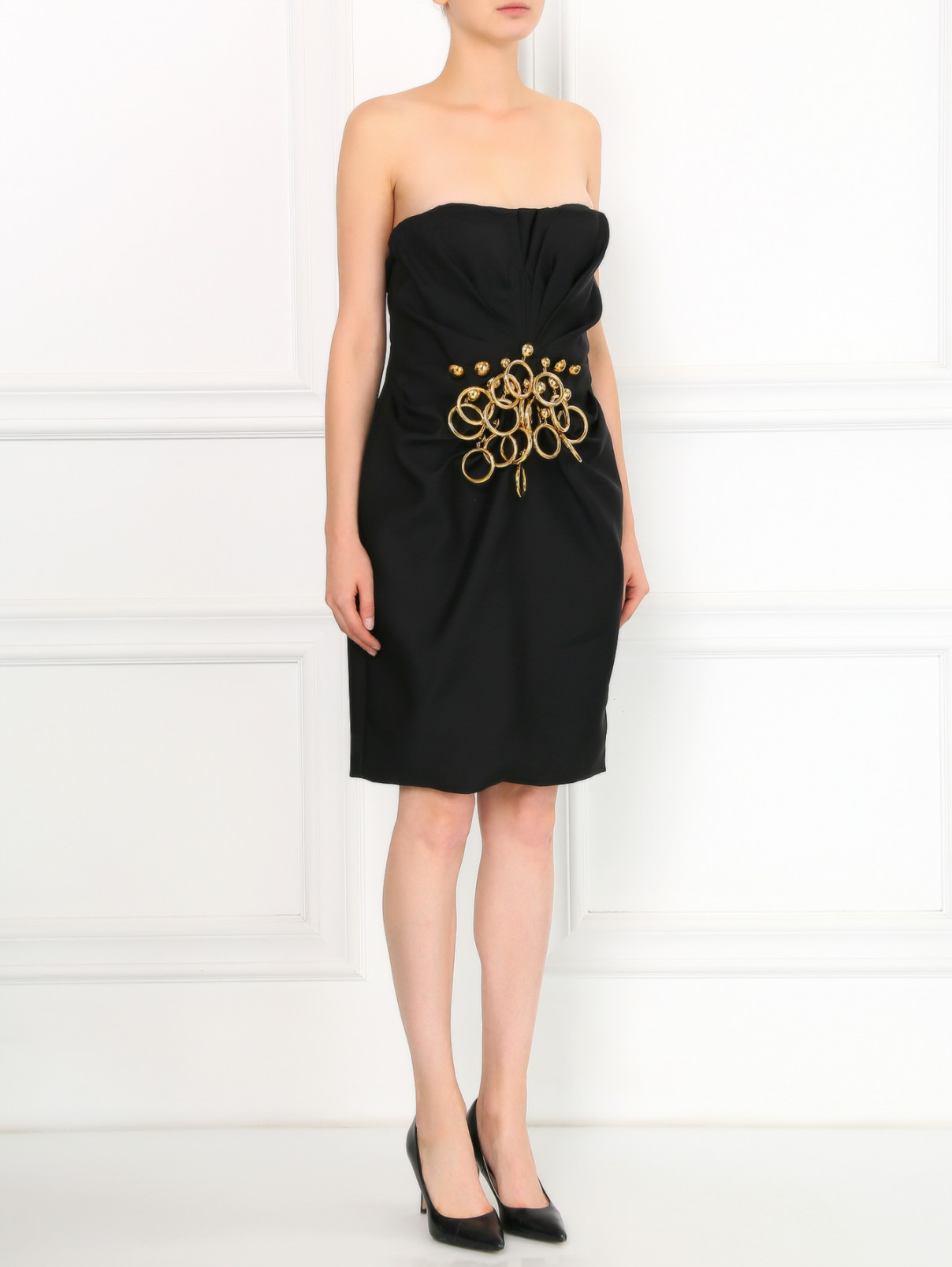 Платье-мини без бретелей с декором из металла Moschino  –  Модель Общий вид  – Цвет:  Черный
