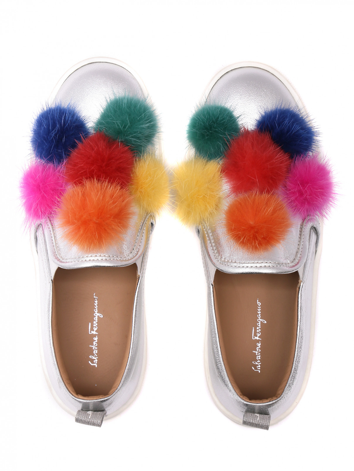 Слипоны из кожи с помпонами Salvatore Ferragamo  –  Обтравка4  – Цвет:  Серый