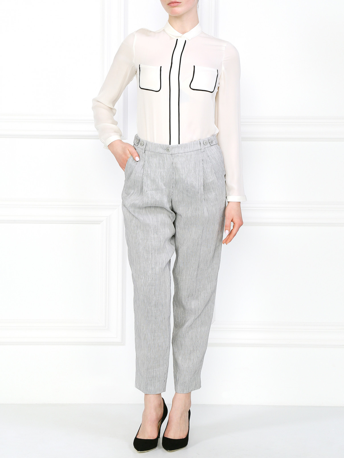 Классические брюки из льна и шелка Emporio Armani  –  Модель Общий вид  – Цвет:  Серый