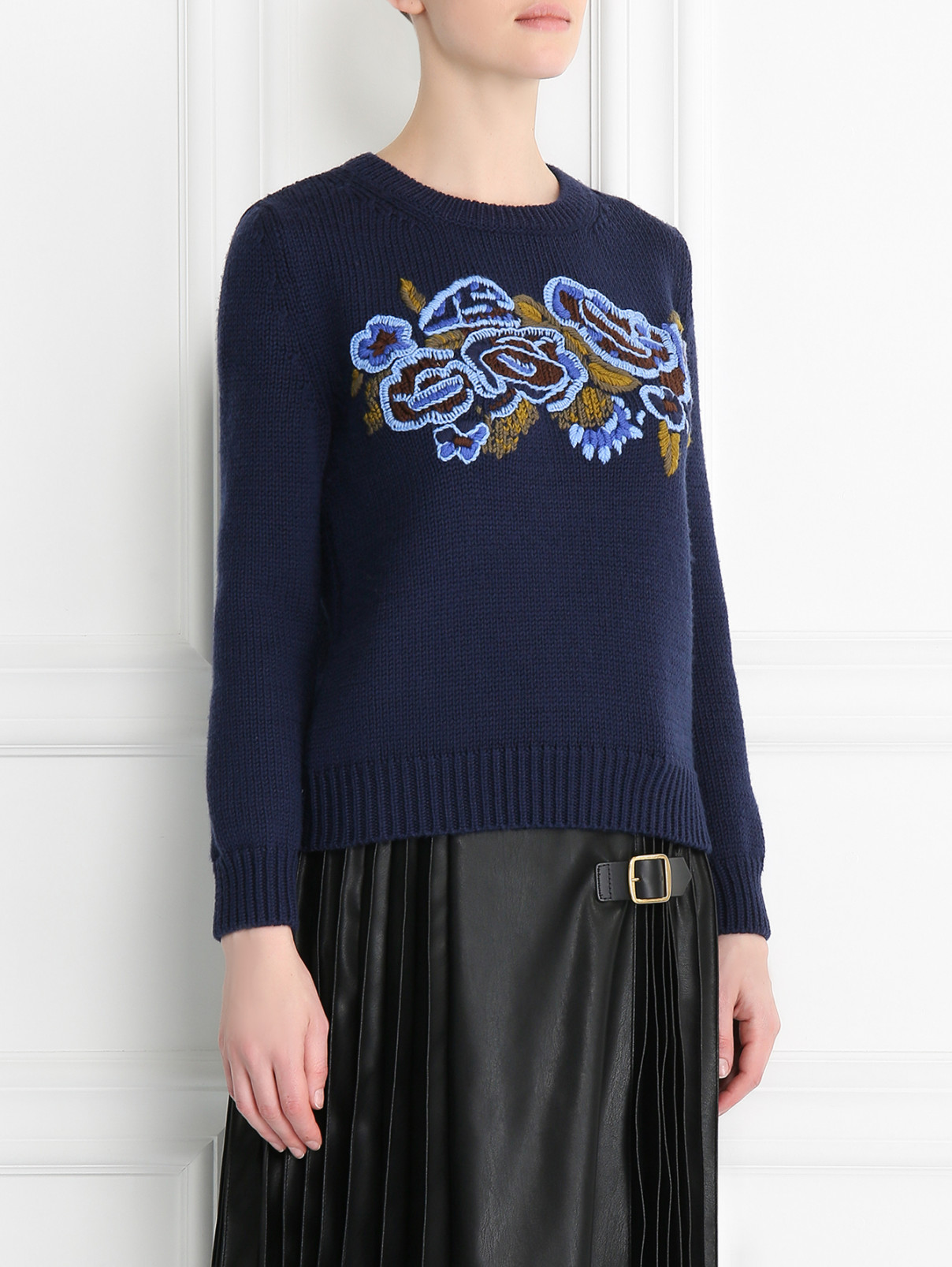 Укороченный свитер из шерсти с вышивкой Alberta Ferretti  –  Модель Верх-Низ  – Цвет:  Синий