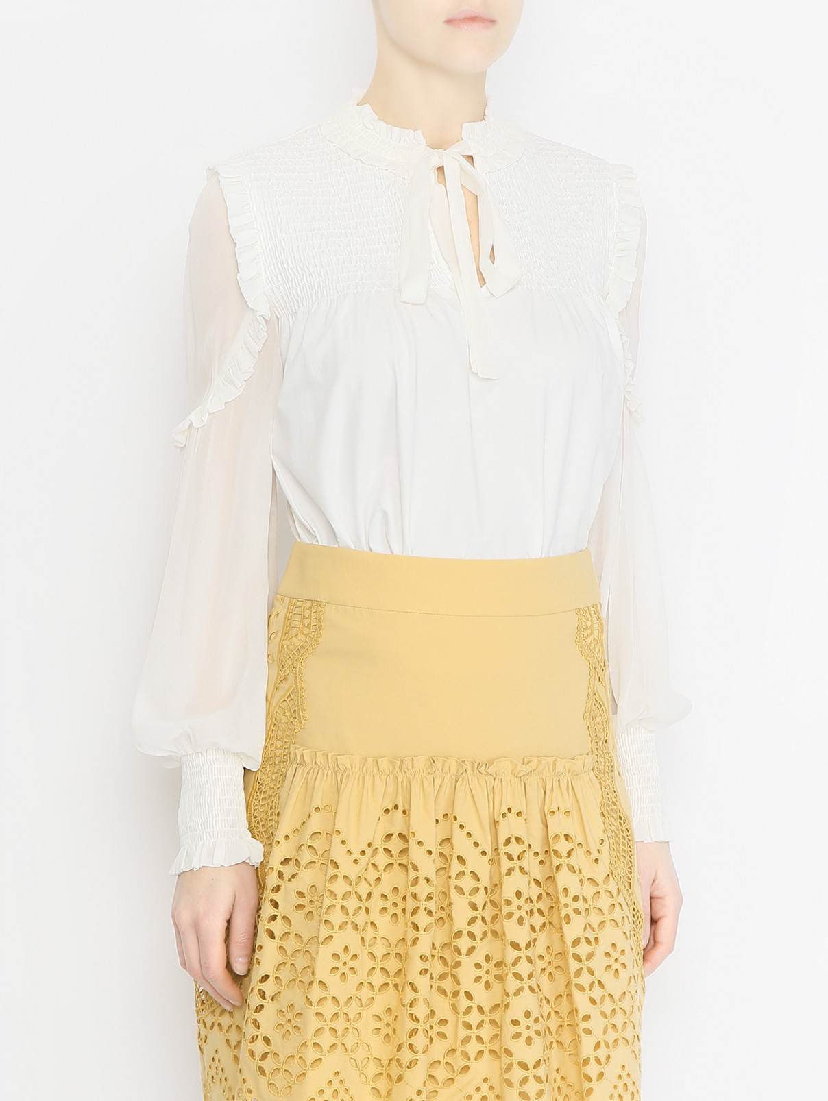 Комбинированная блуза с воланами Dorothee Schumacher  –  МодельВерхНиз  – Цвет:  Белый