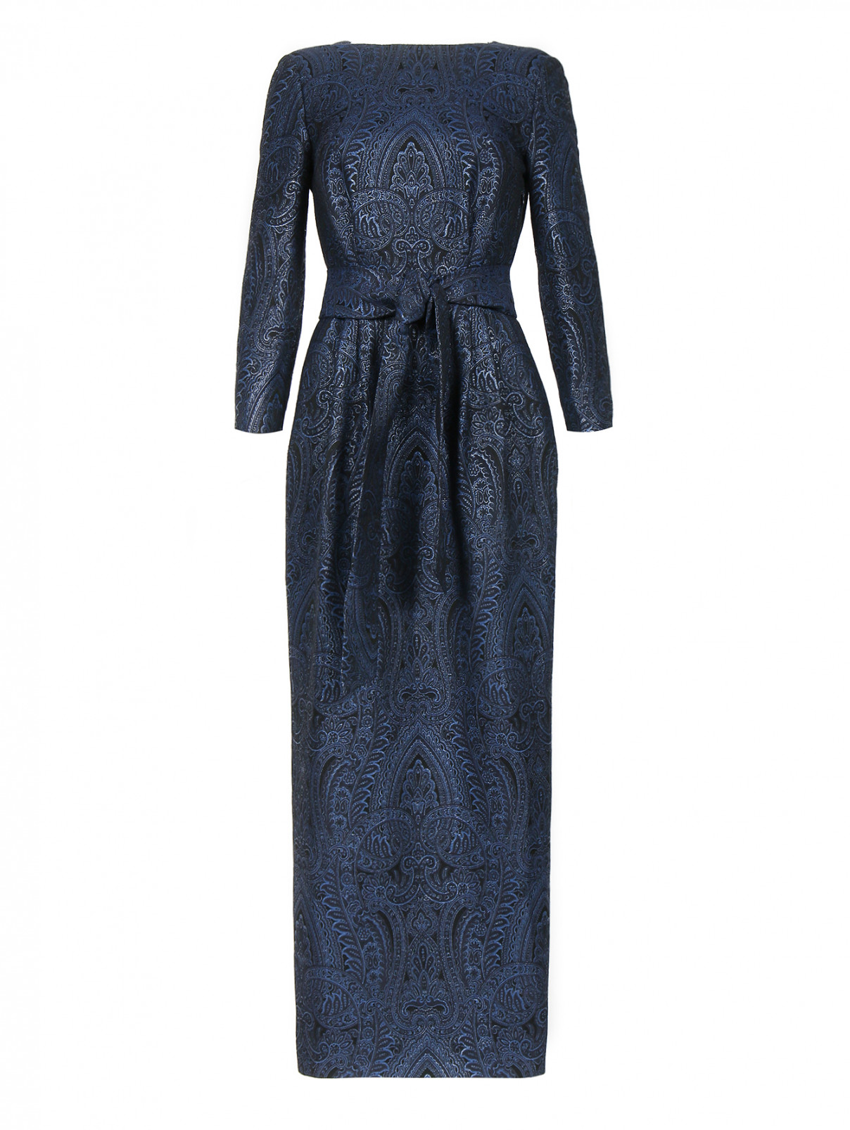 Платье-макси из смешанной шерсти с узором и поясом A La Russe  –  Общий вид  – Цвет:  Синий
