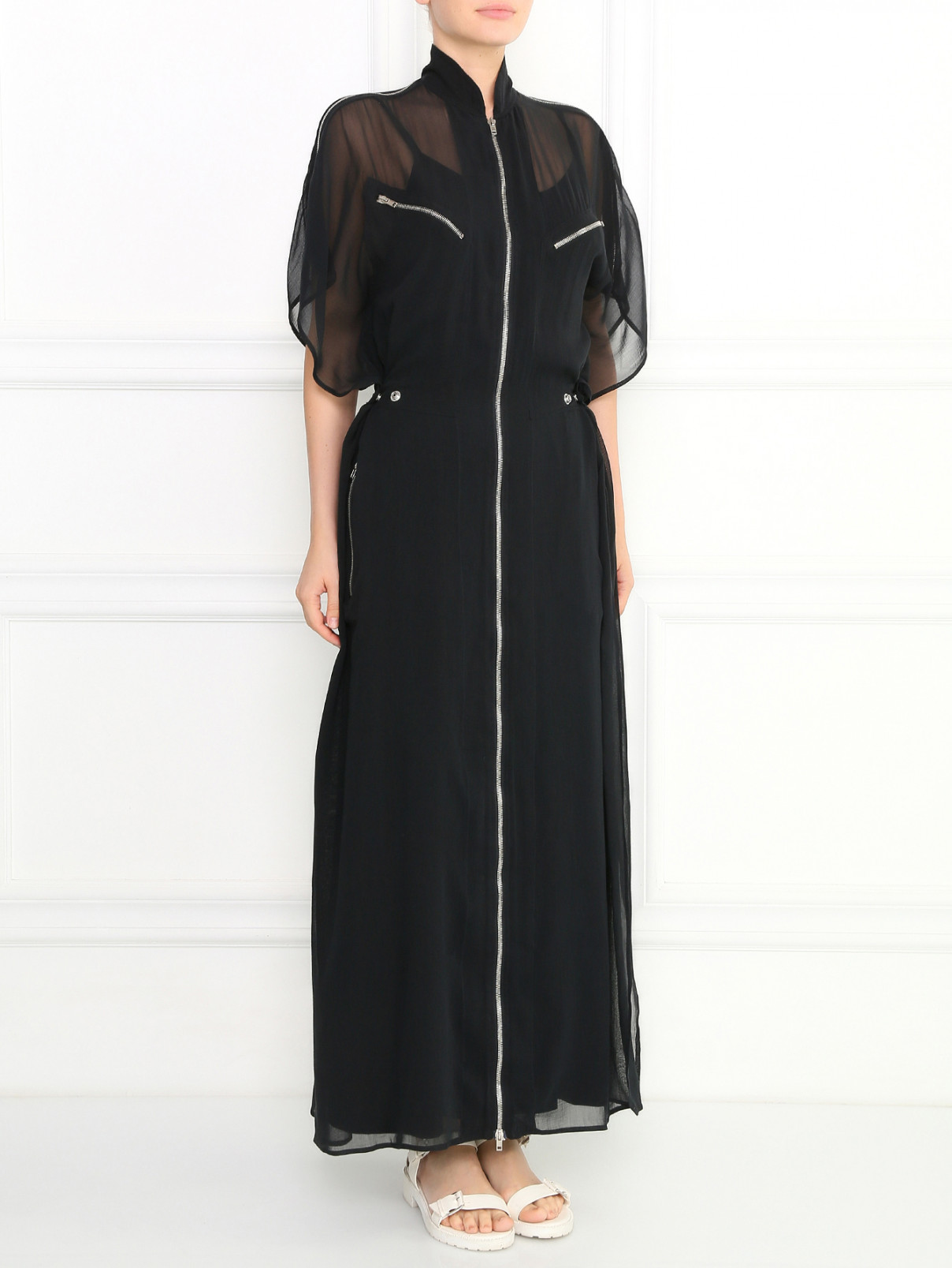 Платье-макси из хлопка и шелка декорированное молниями Jean Paul Gaultier  –  Модель Общий вид  – Цвет:  Черный