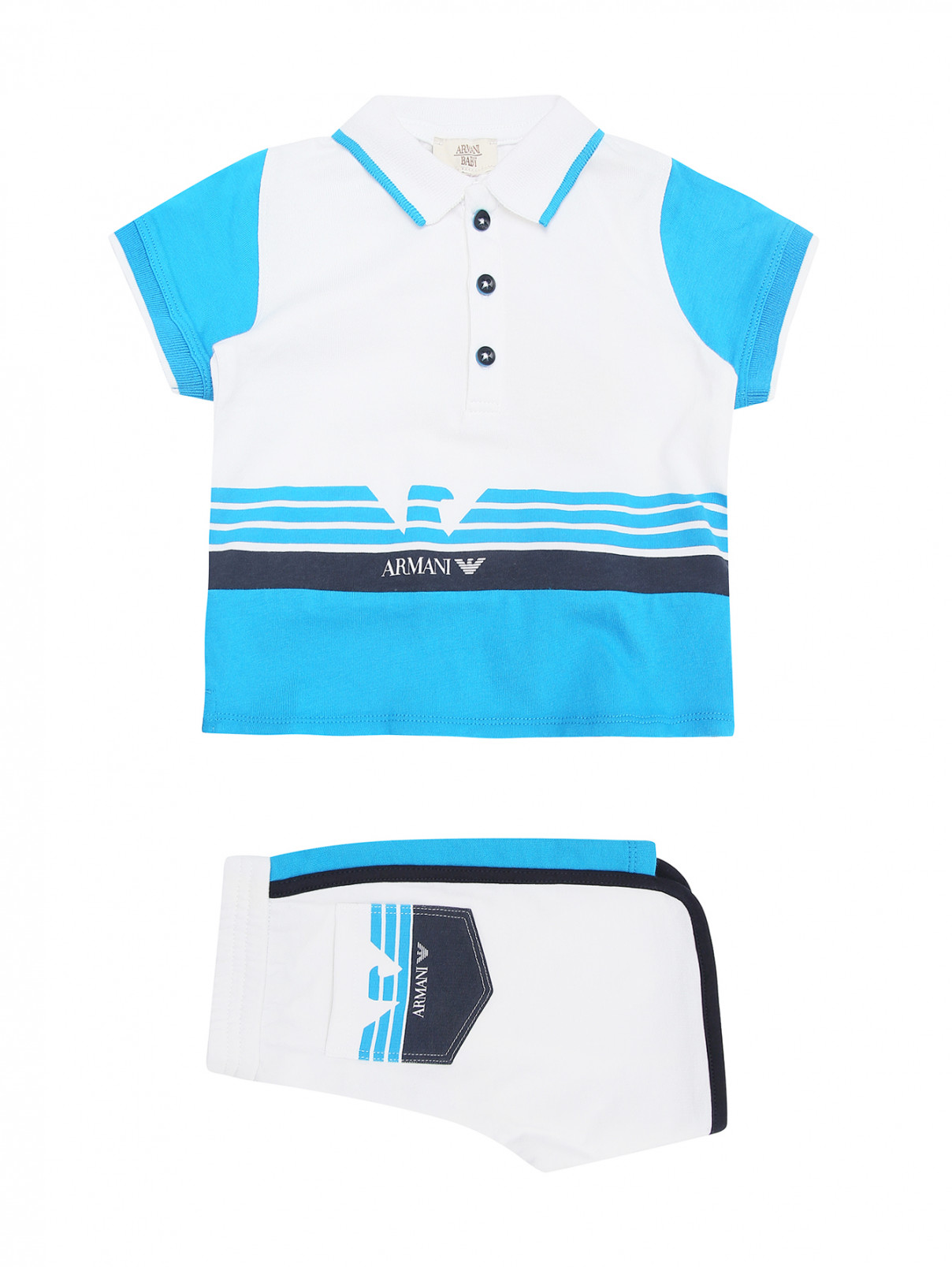 Костюм трикотажный: футболка и шорты Armani Junior  –  Общий вид  – Цвет:  Синий