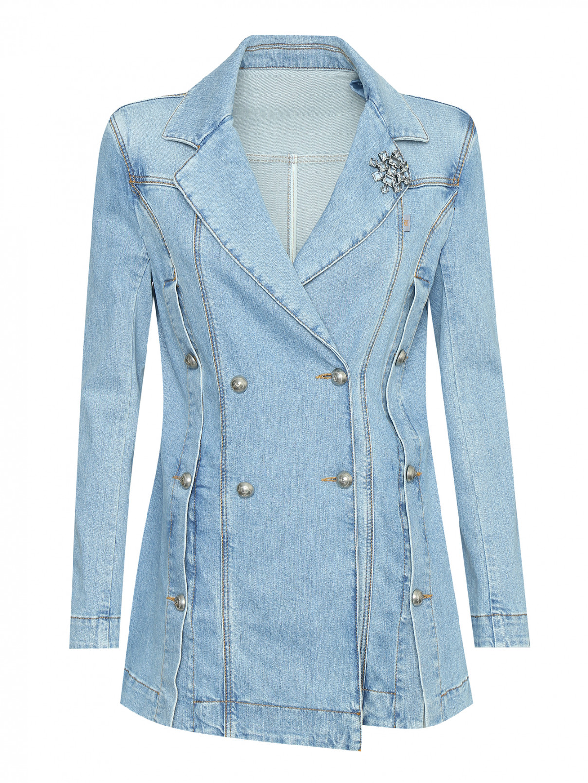 Двубортная джинсовая куртка с брошью Ermanno Scervino  –  Общий вид  – Цвет:  Синий