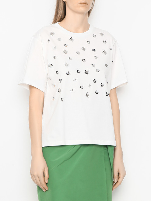Футболка из хлопка с бисером и пайетками Weekend Max Mara - МодельВерхНиз