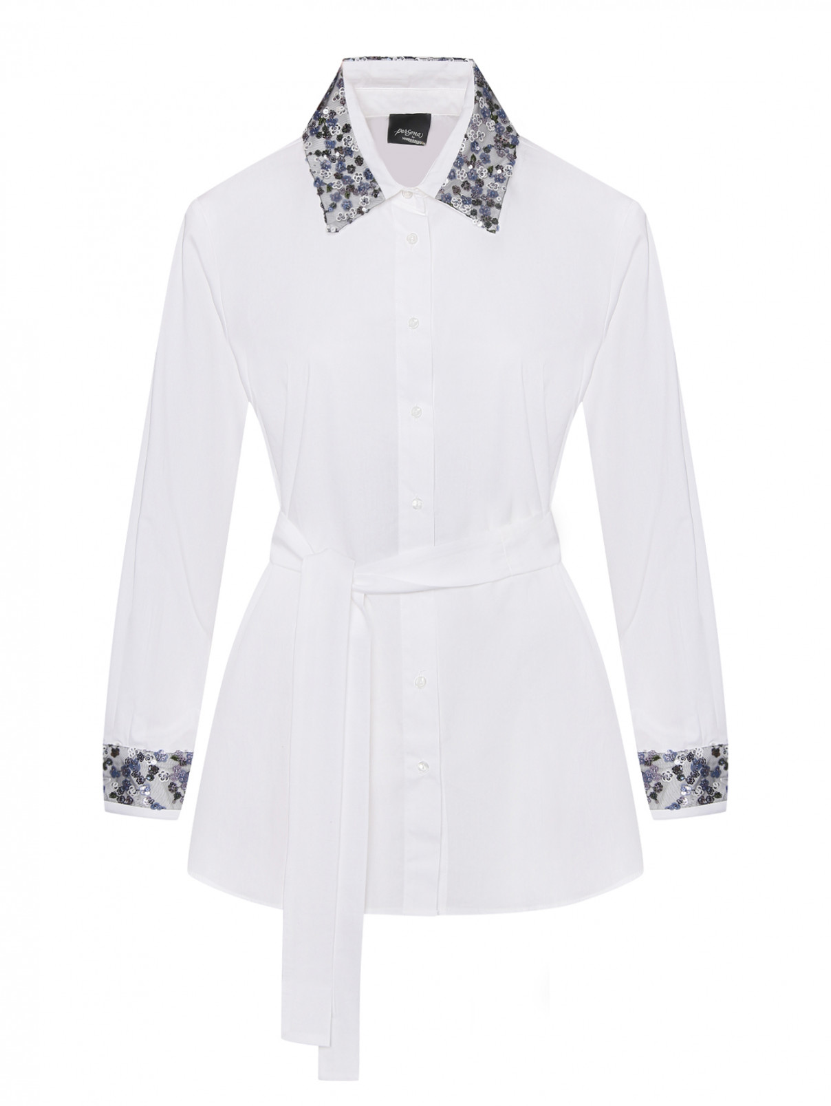 Хлопковая блуза с поясом Persona by Marina Rinaldi  –  Общий вид  – Цвет:  Белый